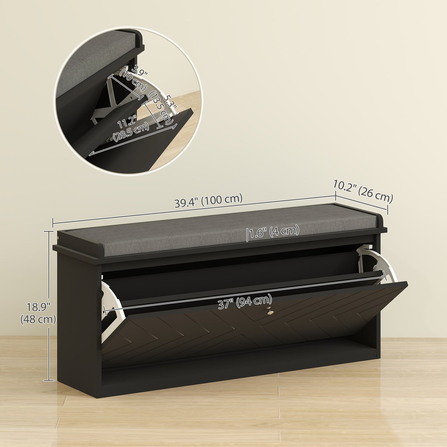 HOMCOM Upholstered Hallway Shoe Bench with Flip Drawer, Adjustable Storage Shelf