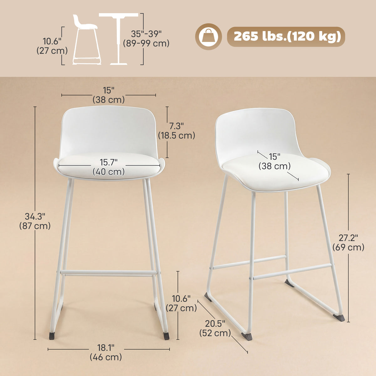 PU Leather Counter Height Kitchen Bar Stools, Set of 2