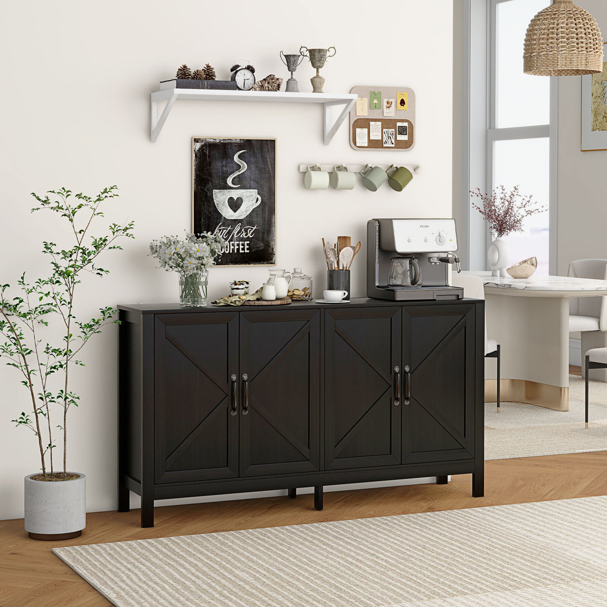 60" Sideboard Buffet with Barn Doors, Black Oak