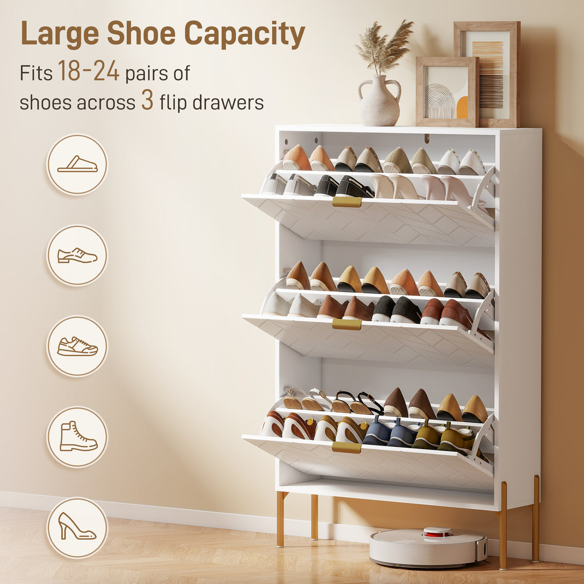 Shoe Cabinet with 3 Flip Drawers – 31"W x 50"H
