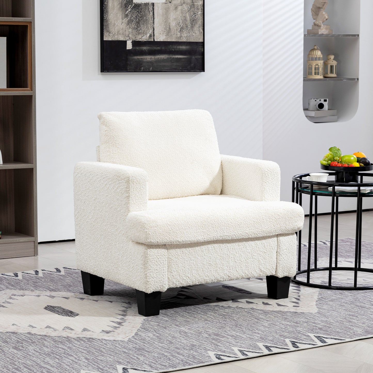 Modern Cream White Chenille Accent Armchair with Wood Frame, Back Pillow