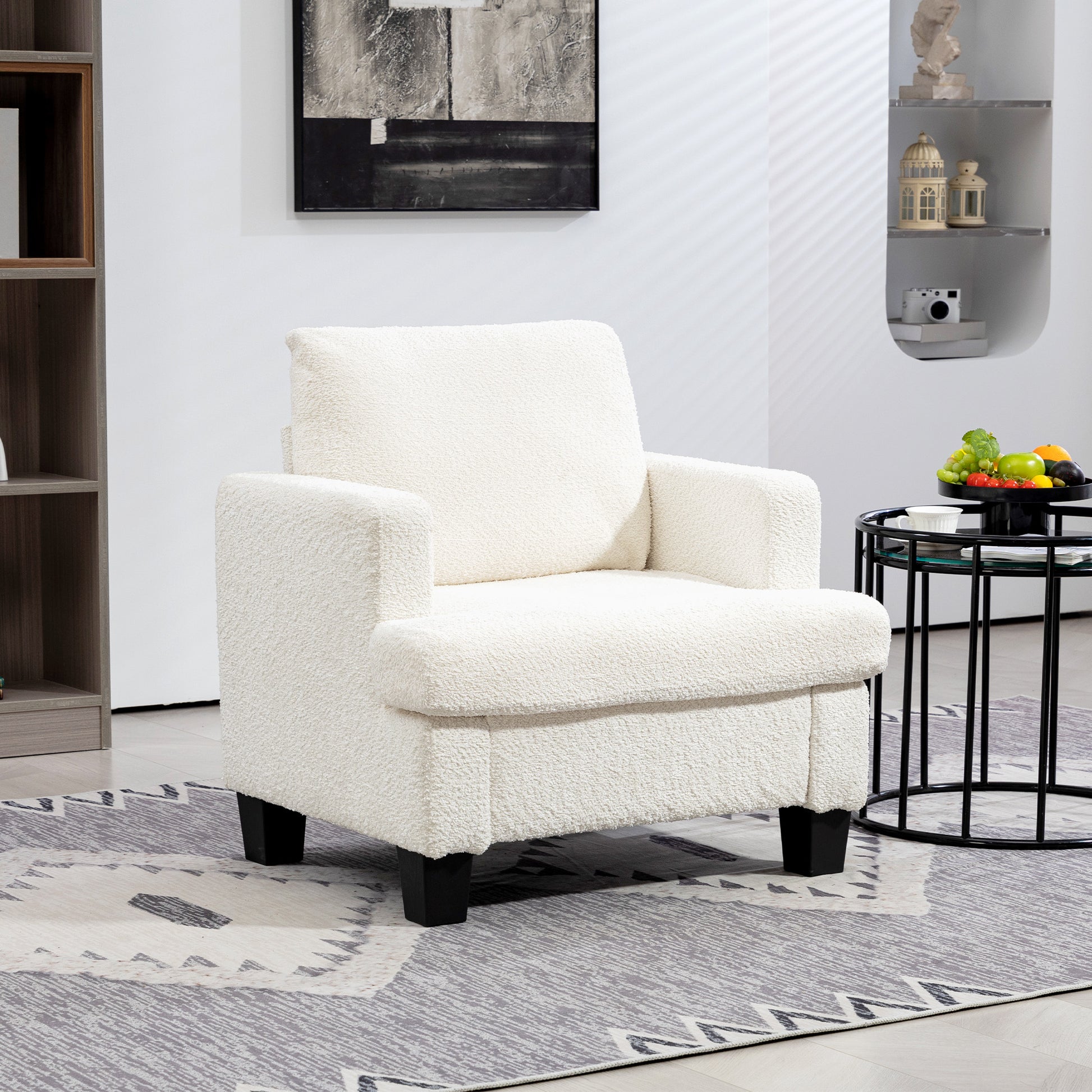 Modern Cream White Chenille Accent Armchair with Wood Frame, Back Pillow