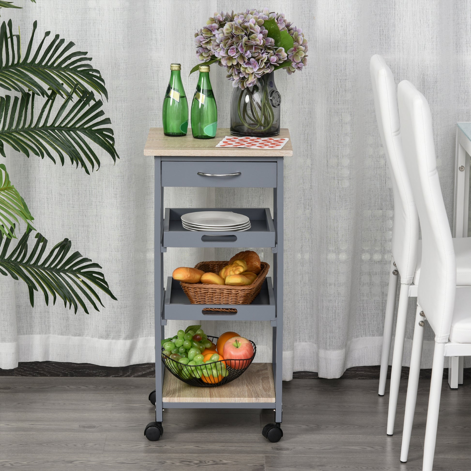 HOMCOM Kitchen Island Rolling Trolley Grey Utility Cart