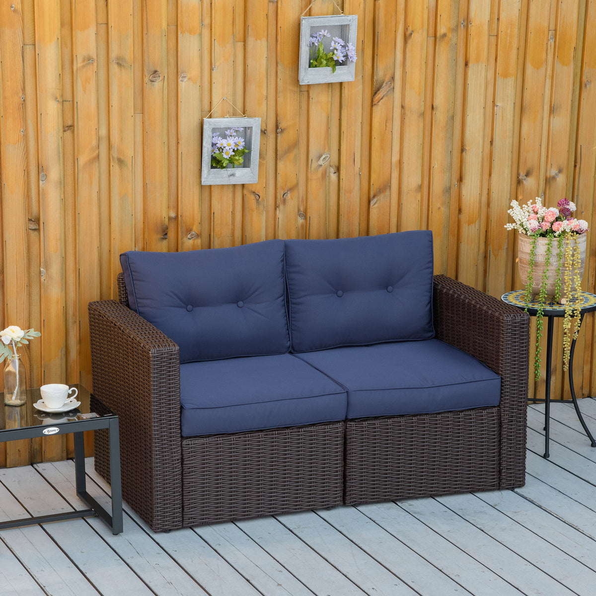 2 Pieces Patio Furniture Set Outdoor Loveseat Wicker Corner Sofa Set Outdoor Freely Combination PE Rattan Furniture, W/ Curved Armrests & Padded Cushion for Balcony, Garden, Lawn