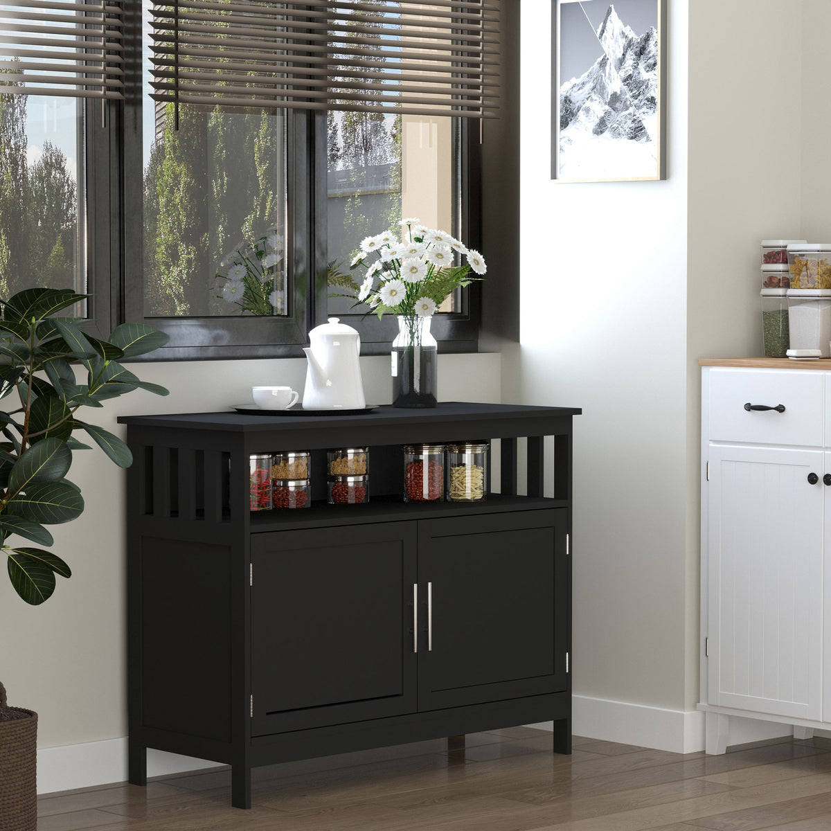 Kitchen Sideboard with 2-Level Cabinet and Open Shelf – 39"W x 32"H