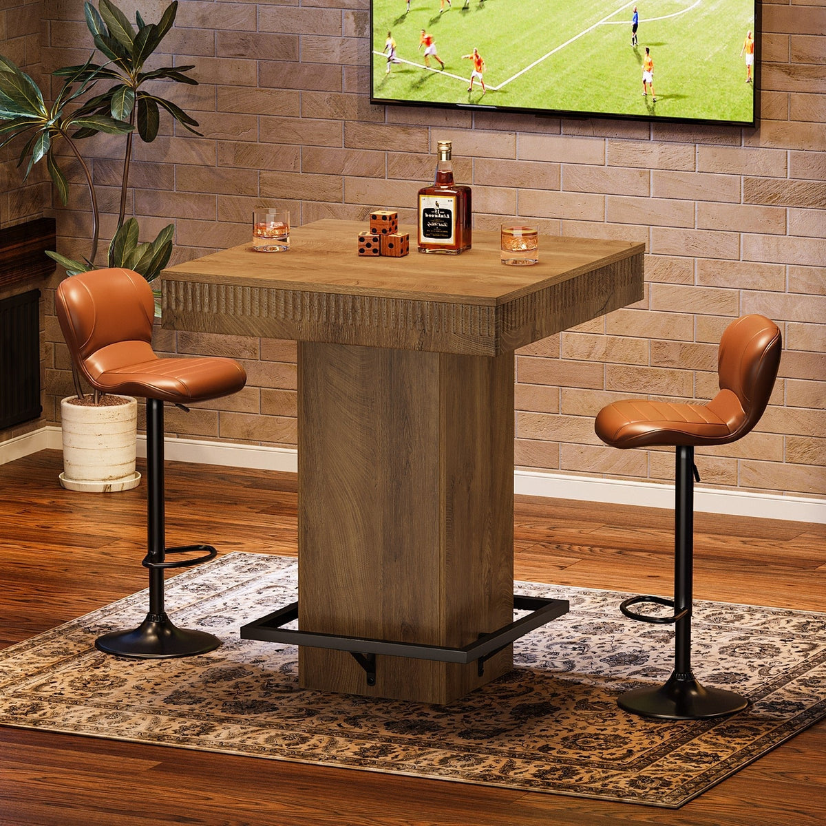 Square Bar Table, Industrial Bistro Pub Table with Metal Footrest