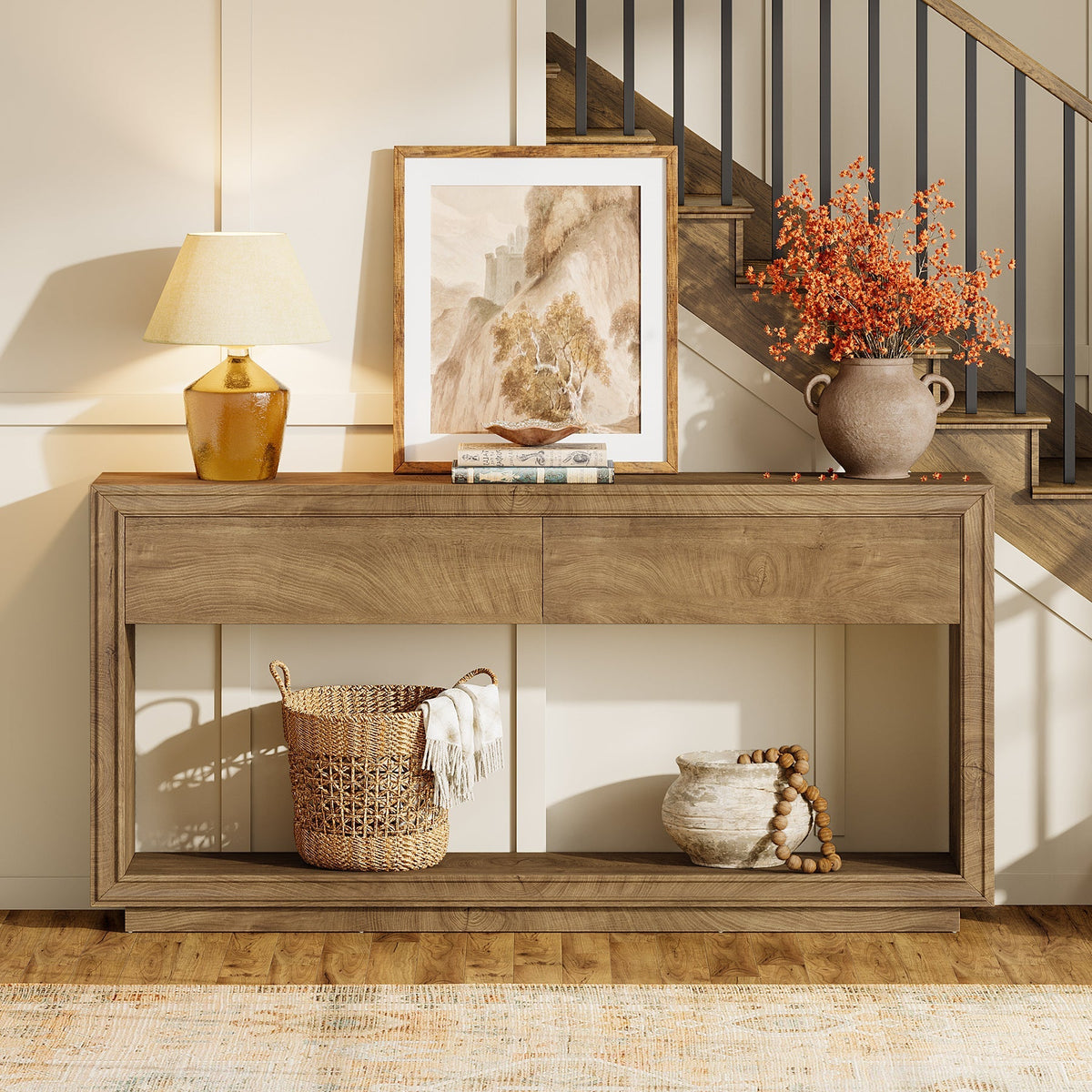 63" Console Table with 2 Drawers and Shelf, Farmhouse Entryway Sofa Table for Hallway