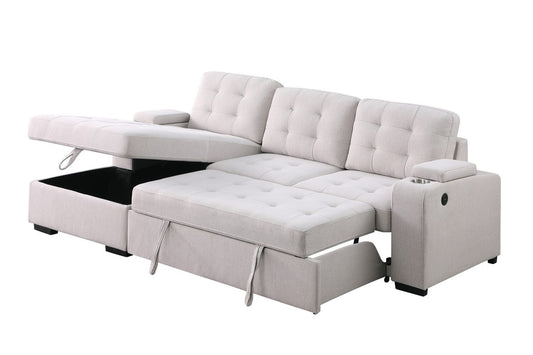 Lennox Contemporary Beige Sectional Sleeper Sofa with Storage Chaise and USB