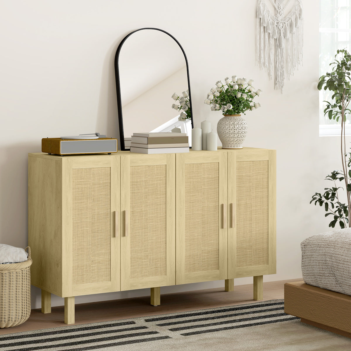 Boho Sideboard Buffet Cabinet with 4 Rattan Doors and Adjustable Shelves – 47"W x 30"H