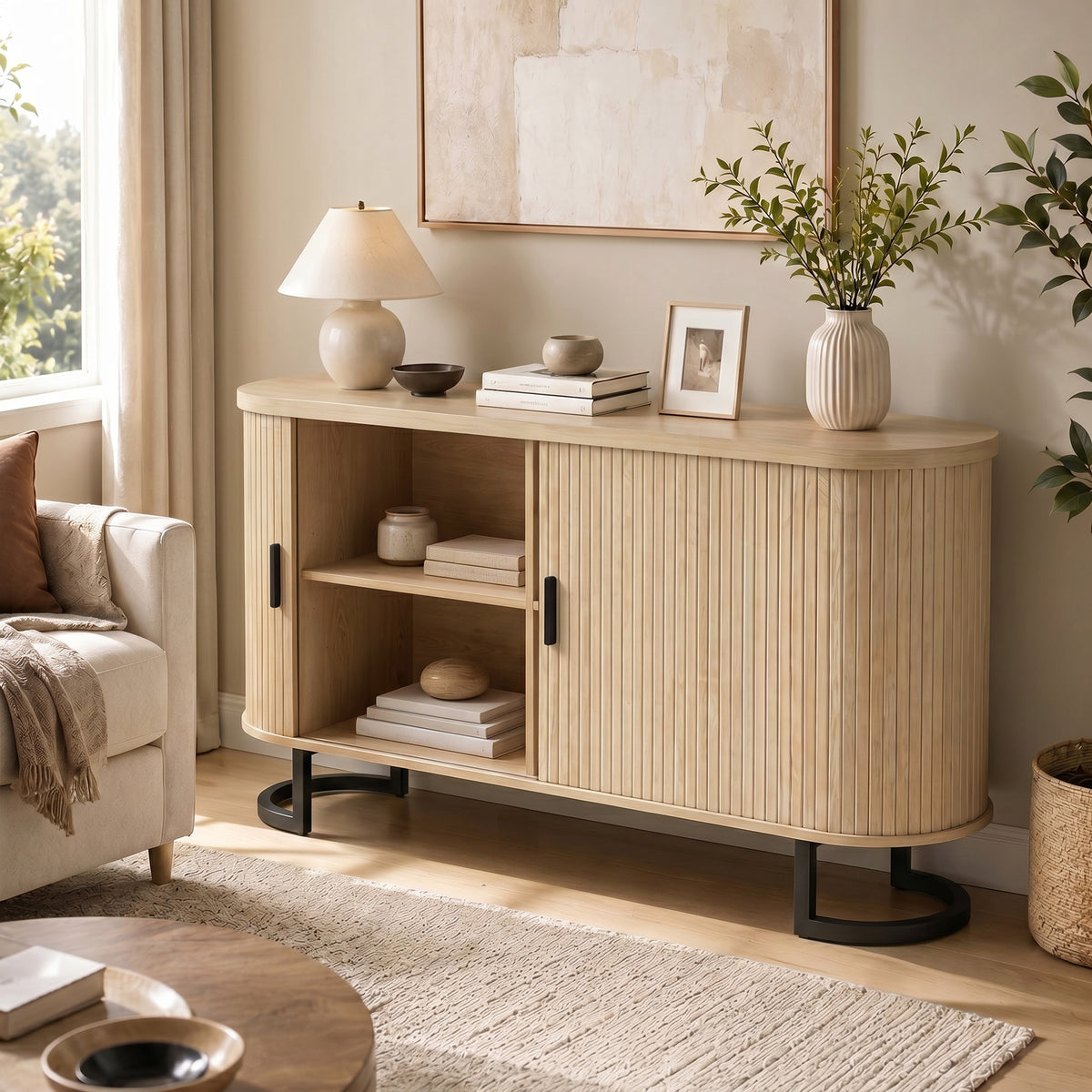 Modern Coffee Bar Cabinet with Sliding Doors and Adjustable Shelves – 55"W x 30"H