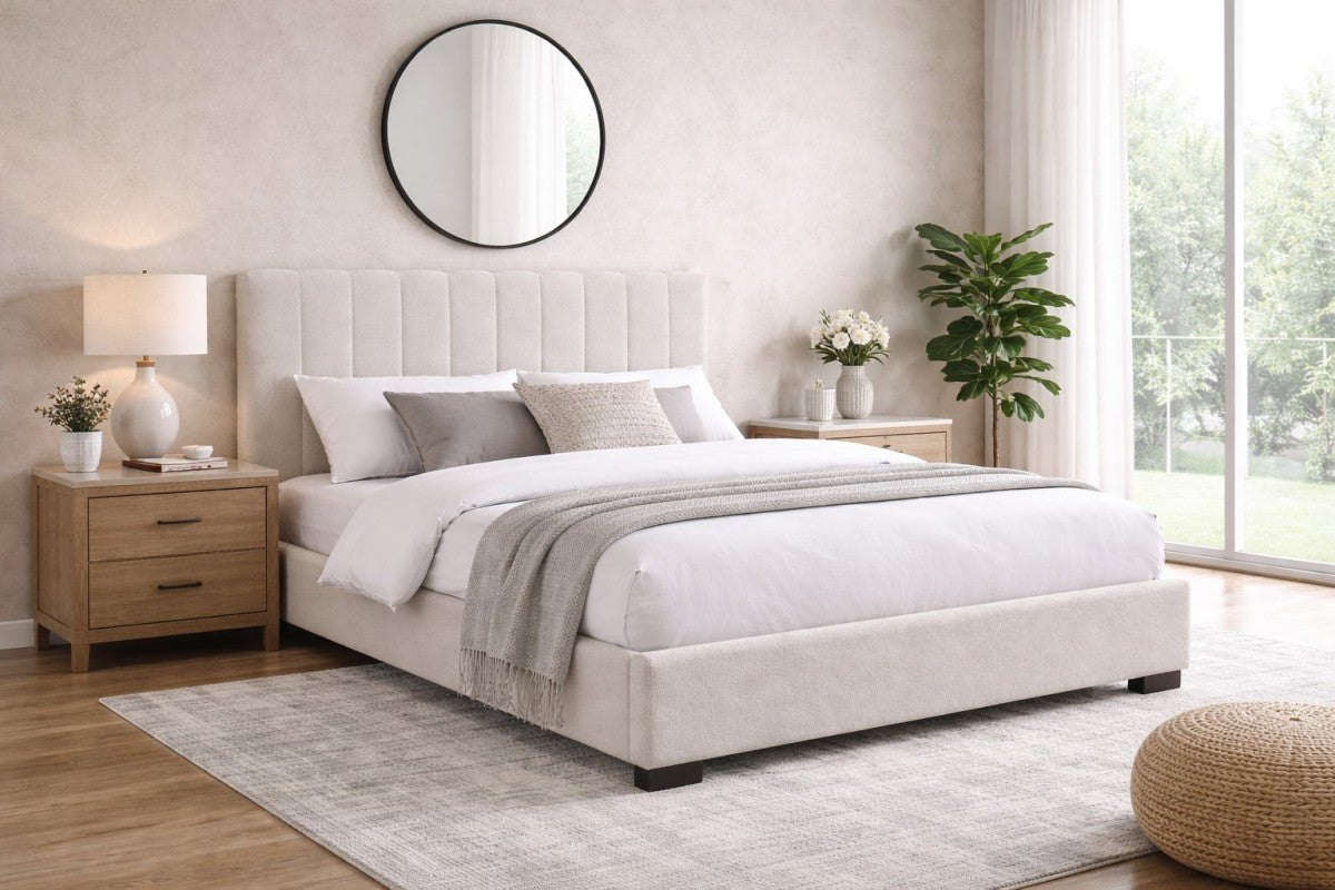 Channel-Tufted Solid Wood Bed Frame – Beige