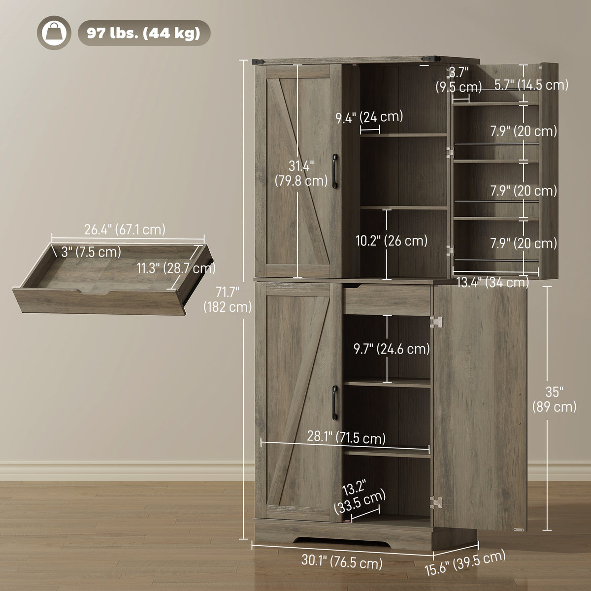 Farmhouse Storage Cabinet with 4 Doors – 30"W x 72"H