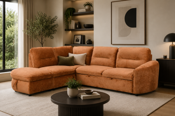 LHF Sectional Sleeper Burnt Orange Eucalyptus Frame Convertible Sofa Bed