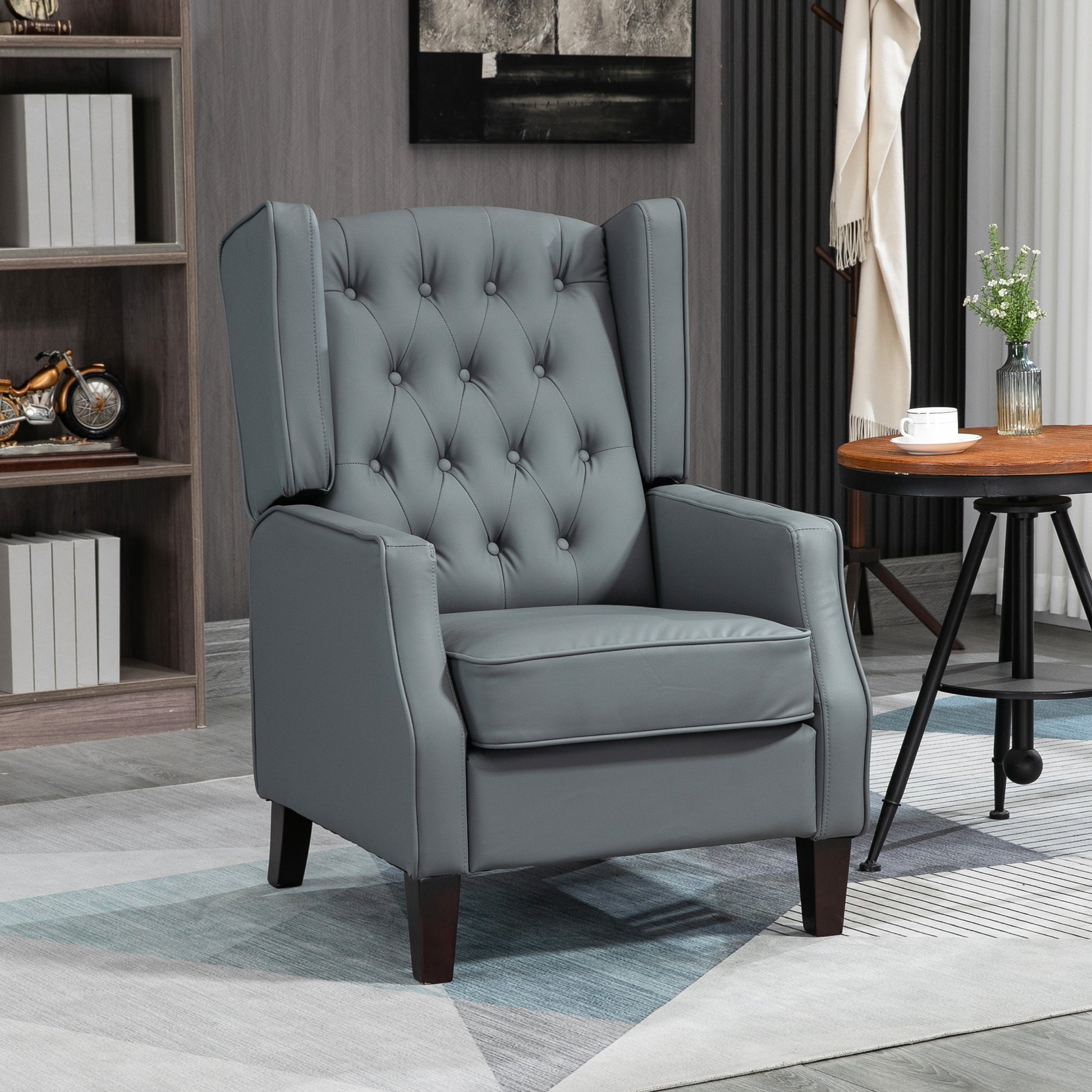 HOMCOM Modern Grey Faux Leather Armchair with Thick Padded Wingback Design