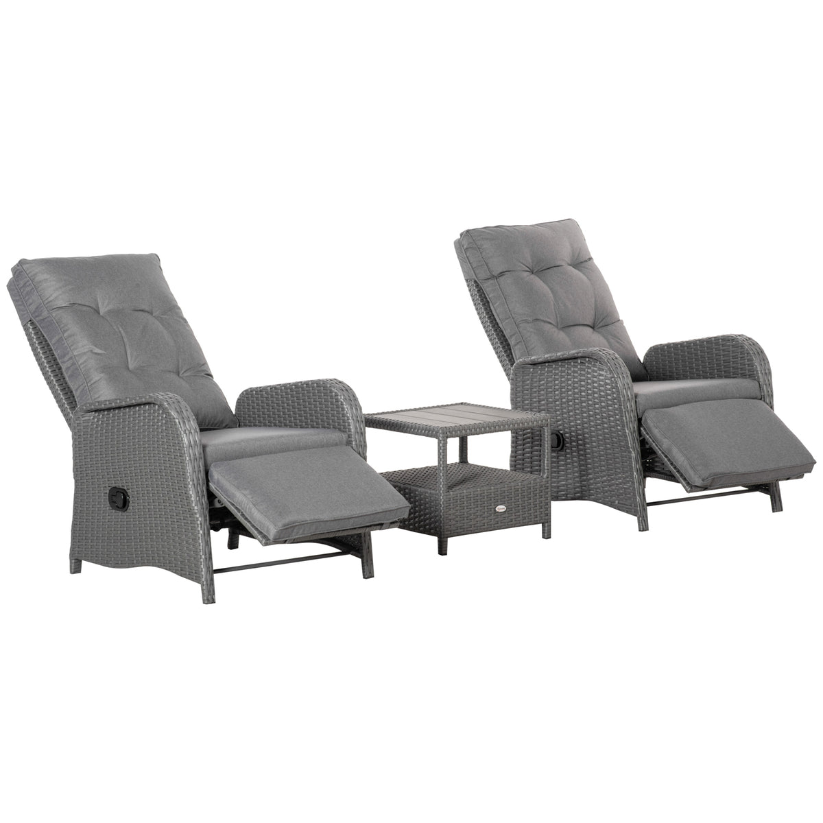 3 Pieces Patio Wicker Bistro Set, PE Rattan Coffee Table & Adjustable Recline Chairs Furniture Set with Cushions and Wood Grain Plastic Top – Grey