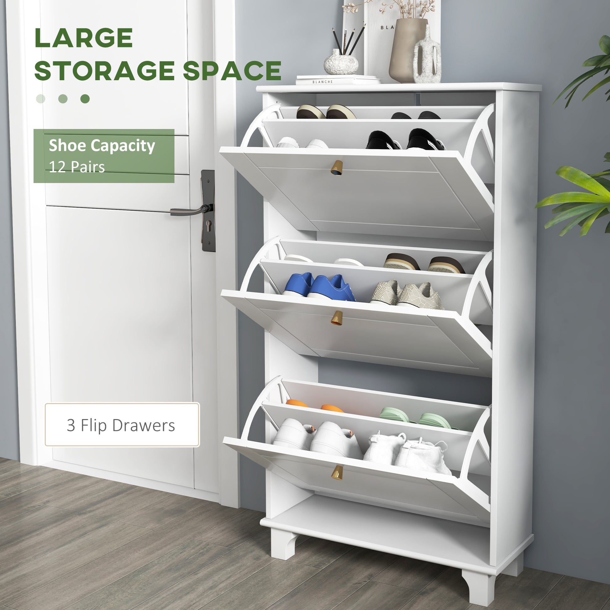 Slim White Shoe Storage Cabinet with 3 Flip Drawers, Adjustable Shelves