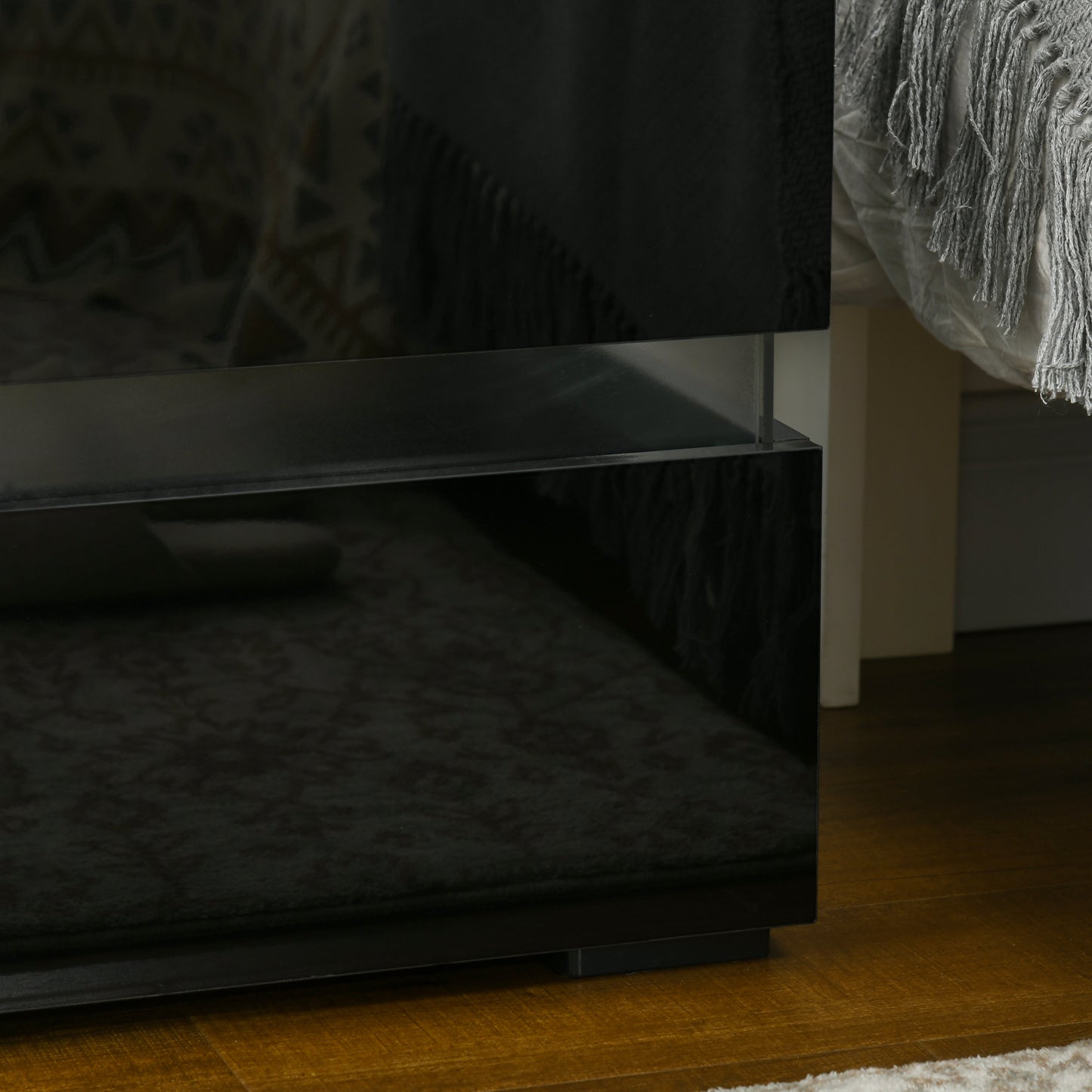 Modern Black Nightstand, 2 Gloss Drawers, USB RGB LED Remote Lights