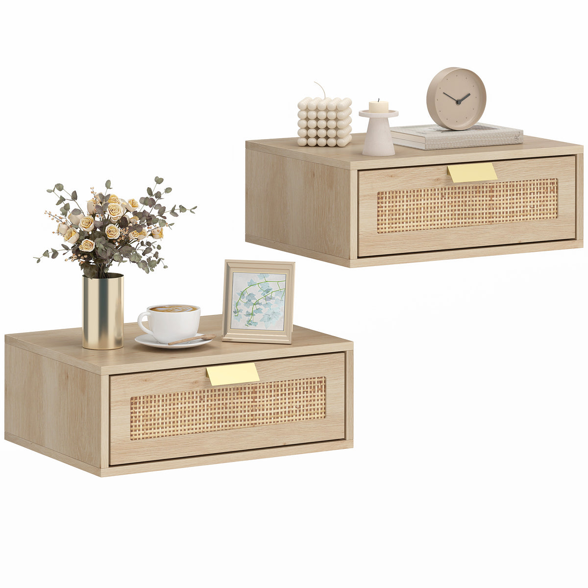Floating Nightstands with Rattan Drawer, Set of 2 – 16"W x 6"H