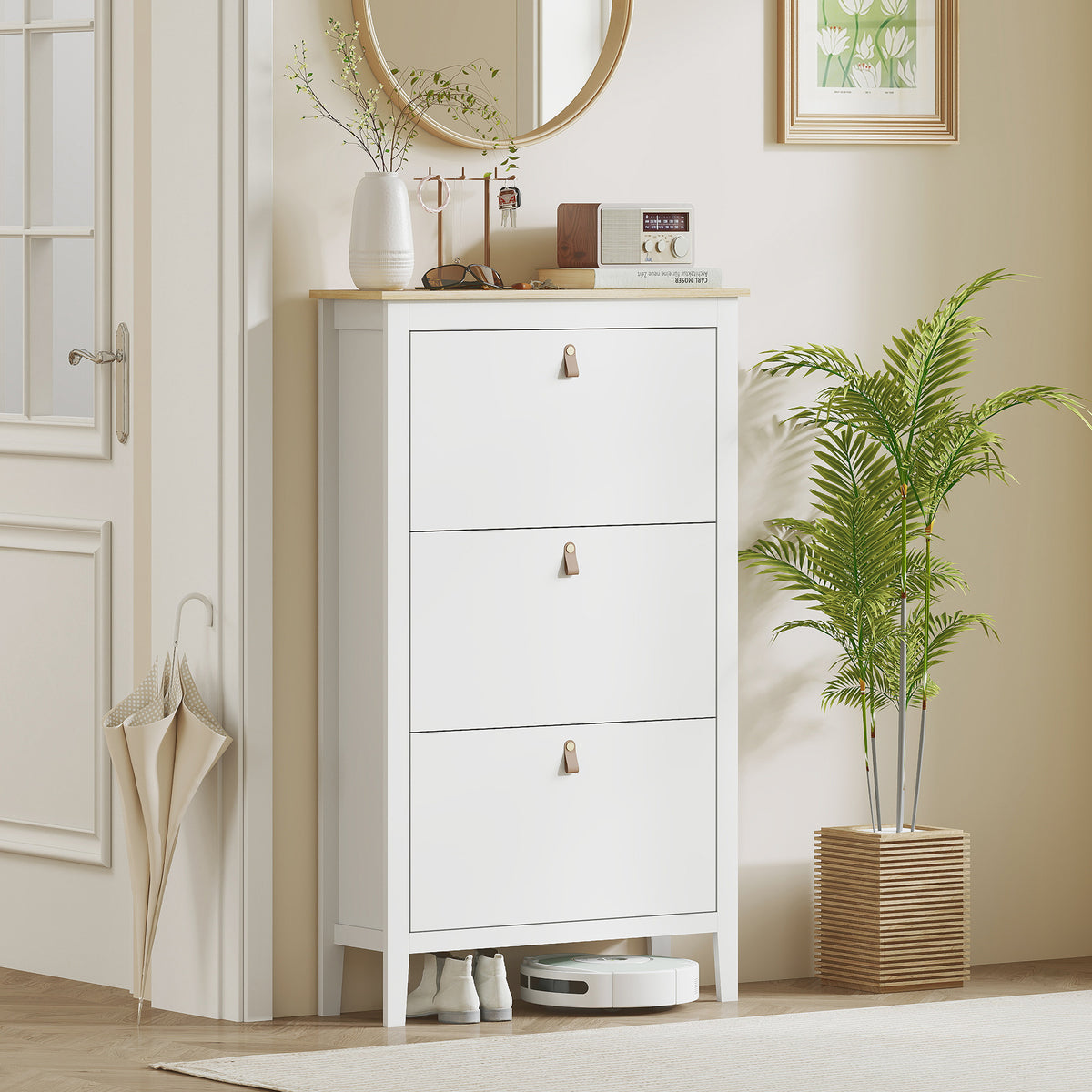 Narrow Shoe Cabinet with 3 Flip Drawers – 31"W x 52"H