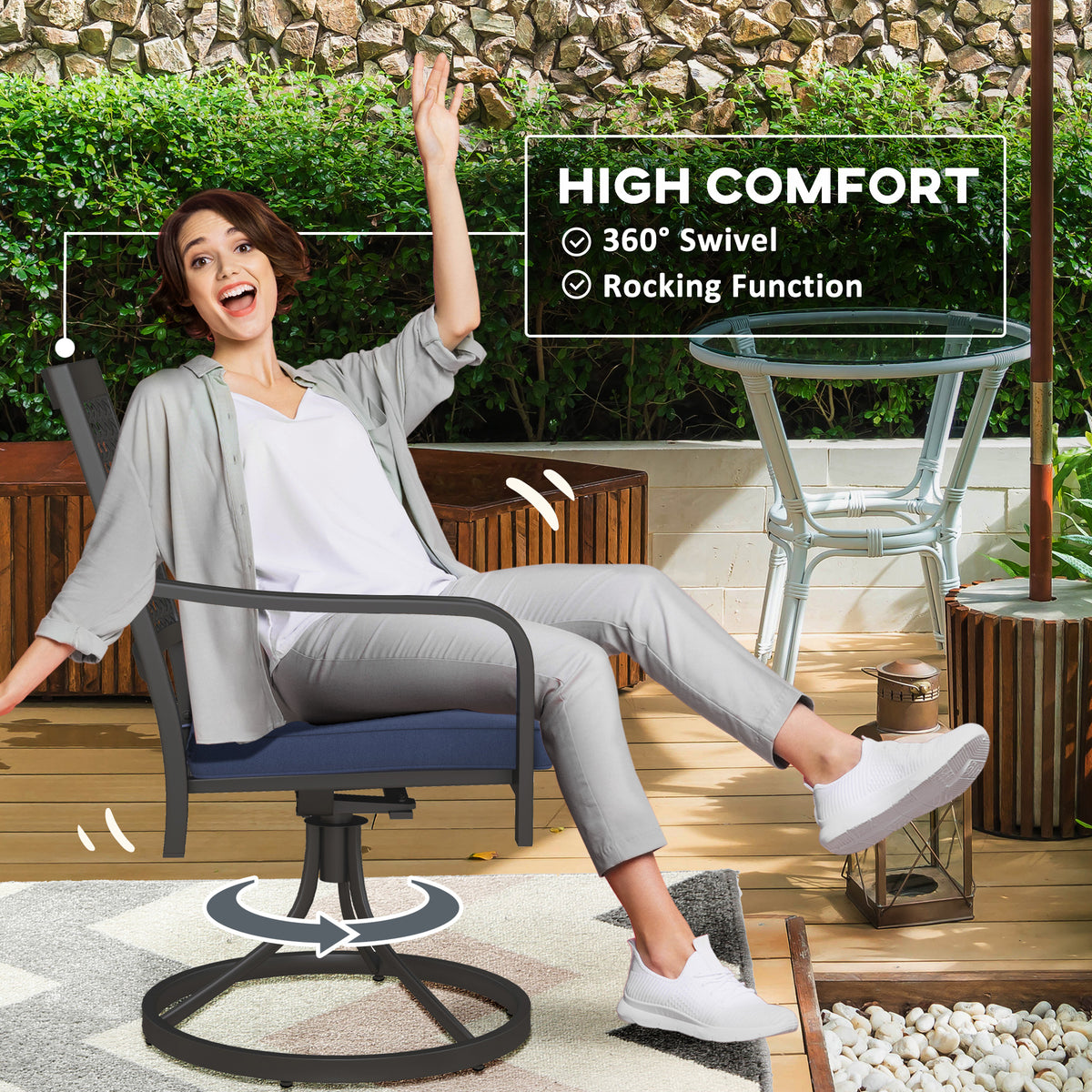 2 Pieces Patio Swivel Chairs with Cushion, Outdoor Swivel Rocker with Curved Armrests, Backrest for Garden, Balcony, Porch