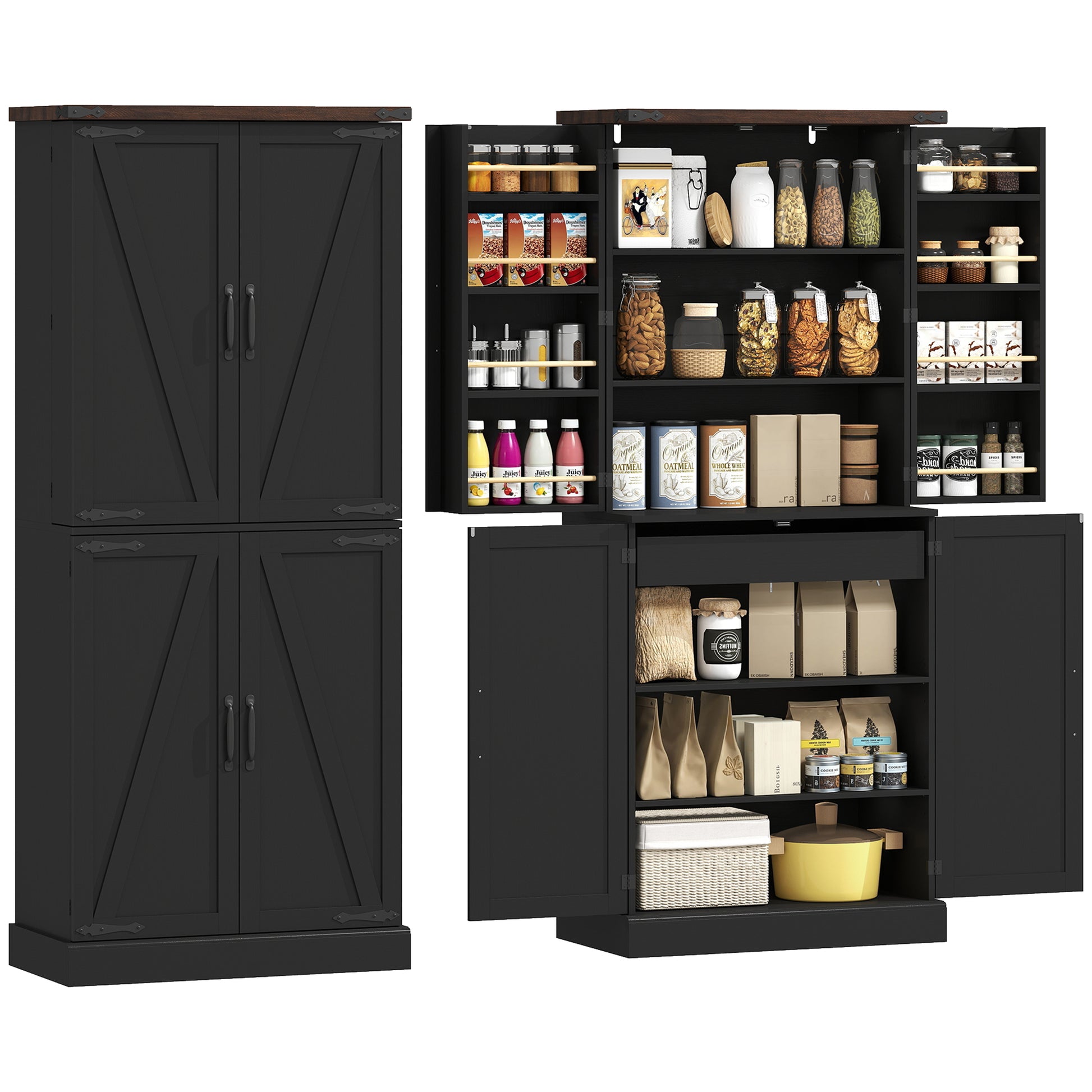 HOMCOM Tall Kitchen Pantry Cabinet Farmhouse Black