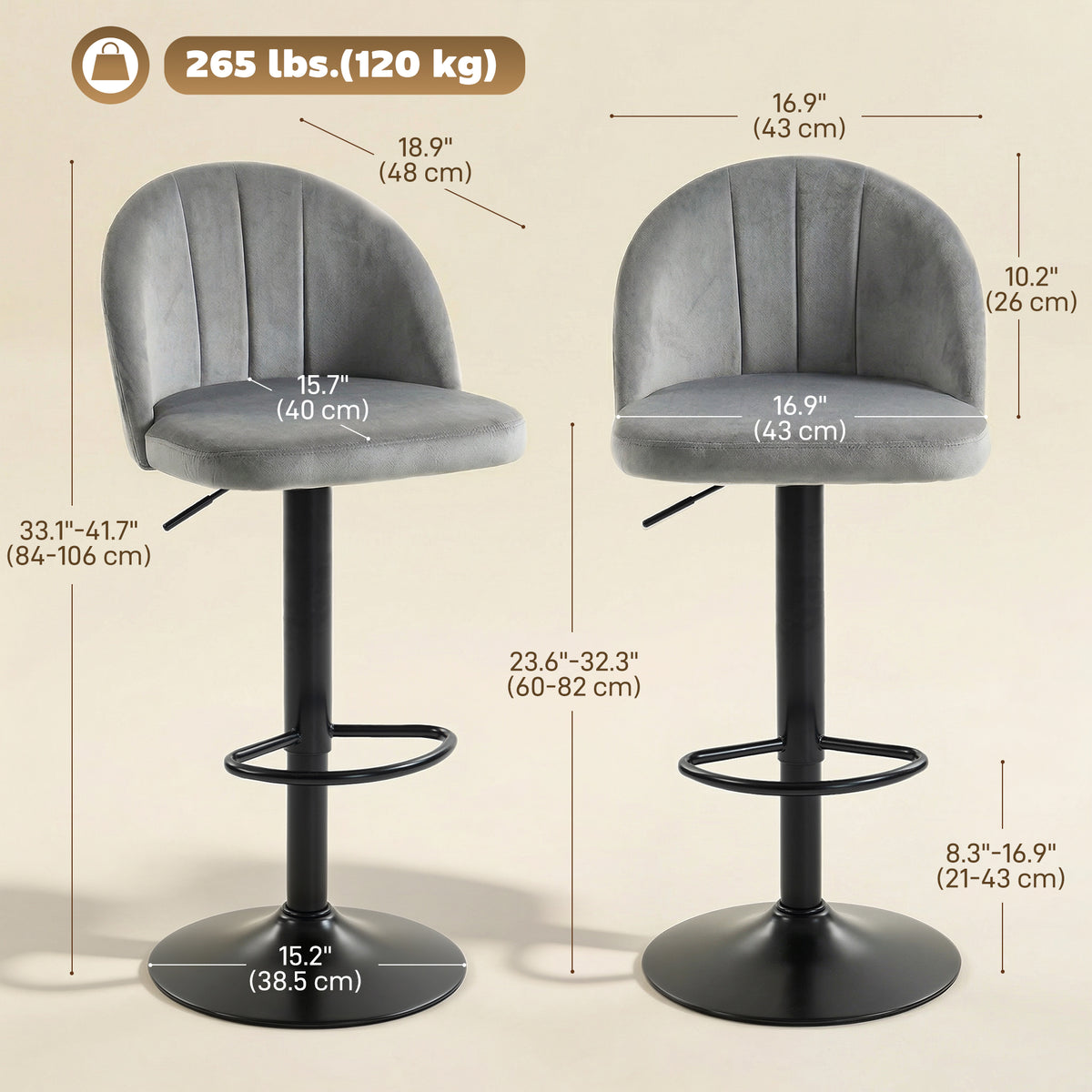 Velvet Swivel Counter Height Bar Stools with Footrest, Set of 2