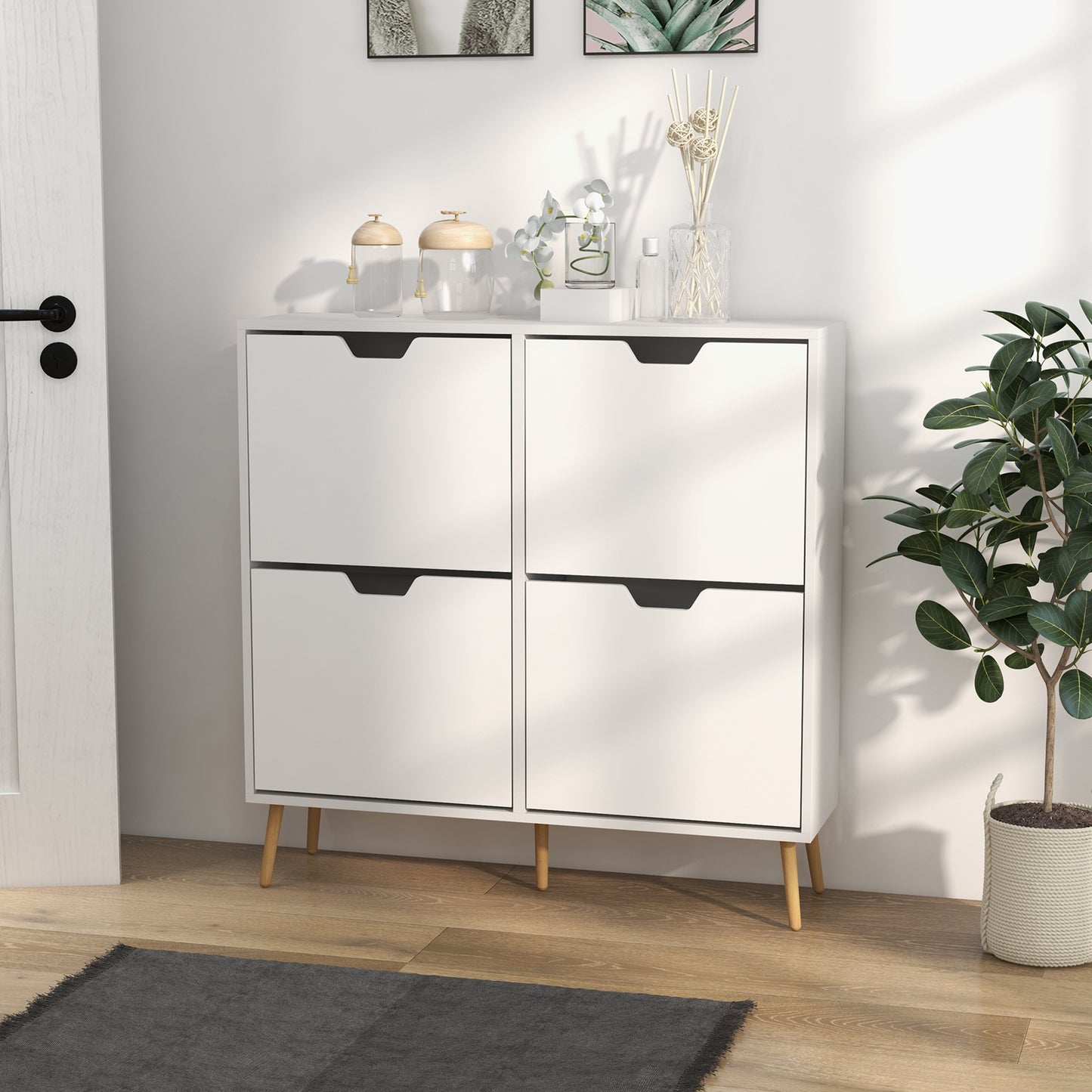 HOMCOM White Shoe Cabinet: 4 Flip Drawers, Adjustable Shelves, 16 Pairs