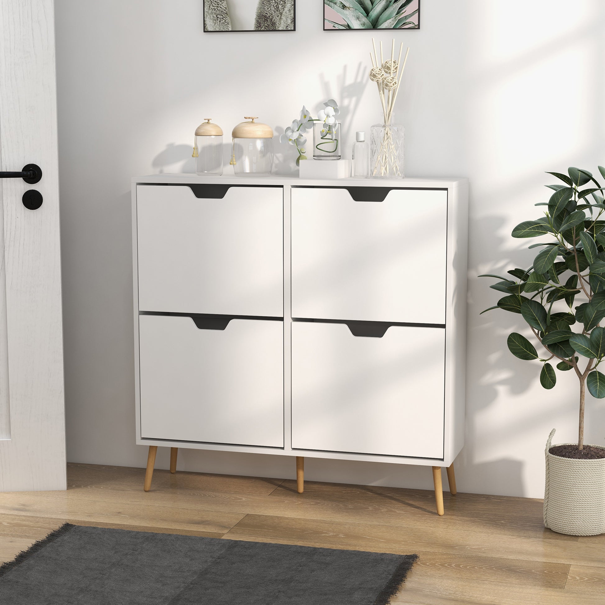 HOMCOM White Shoe Cabinet: 4 Flip Drawers, Adjustable Shelves, 16 Pairs