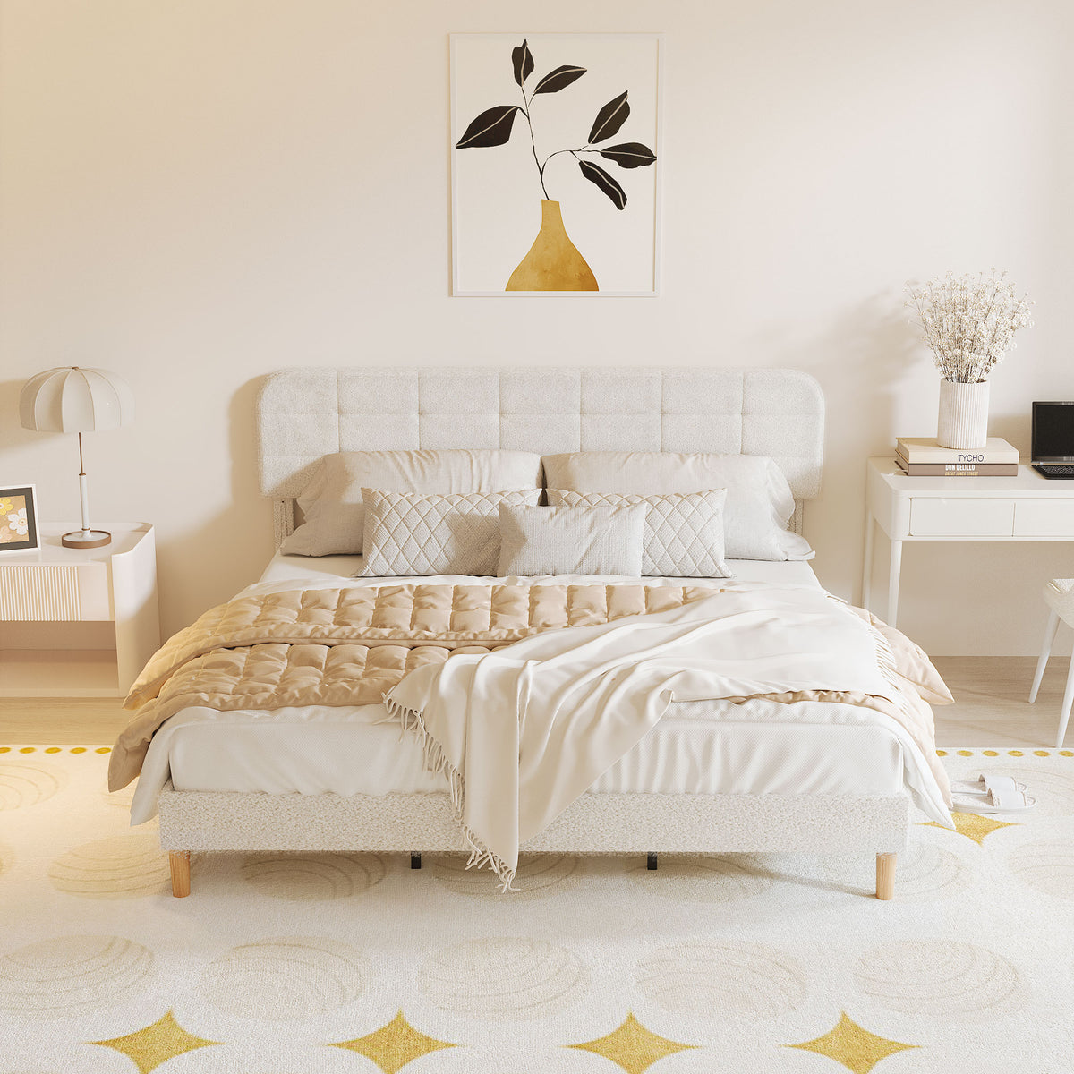 Teddy Fleece Upholstered Bed with Adjustable Headboard