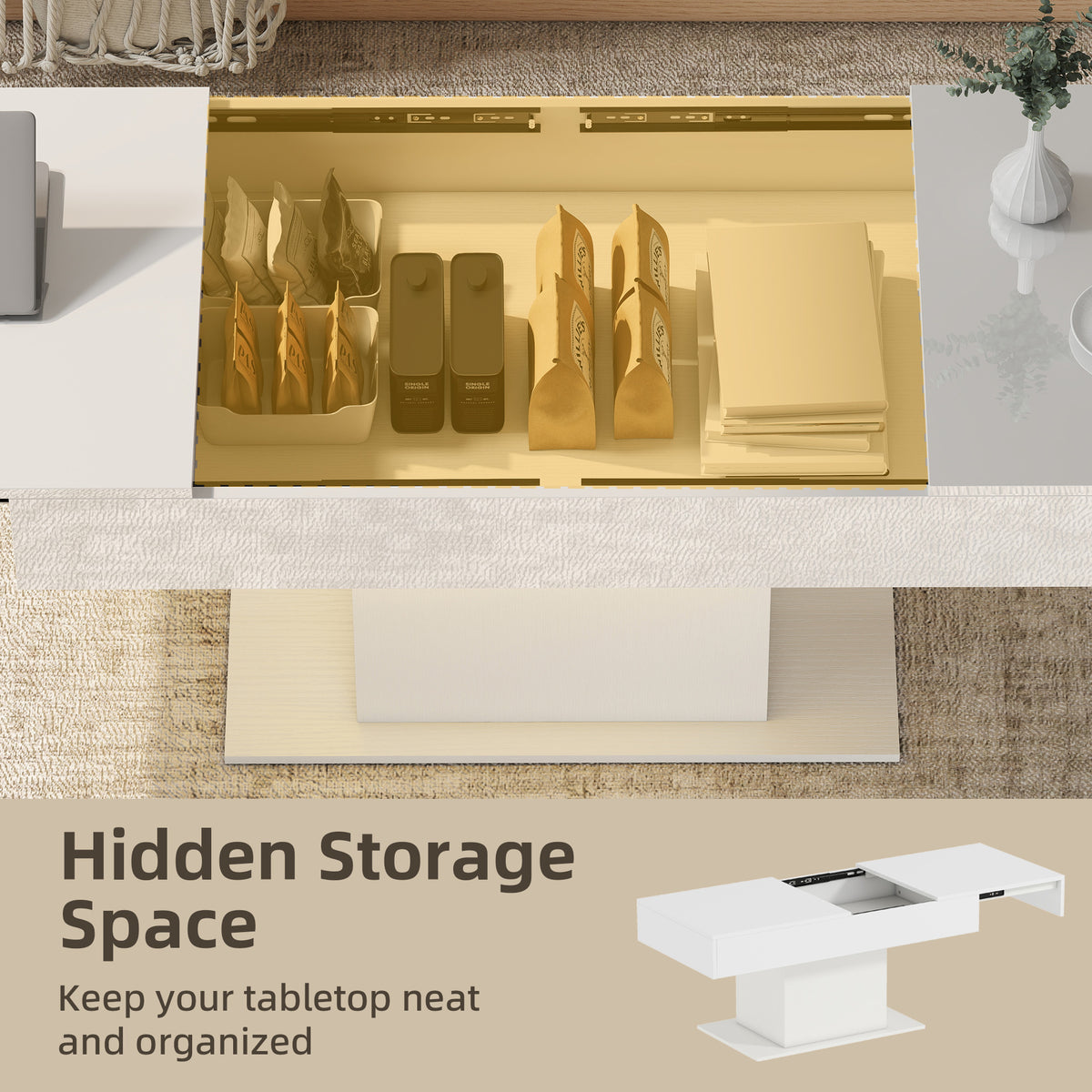 Extendable LED Coffee Table with Hidden Storage, High Gloss White