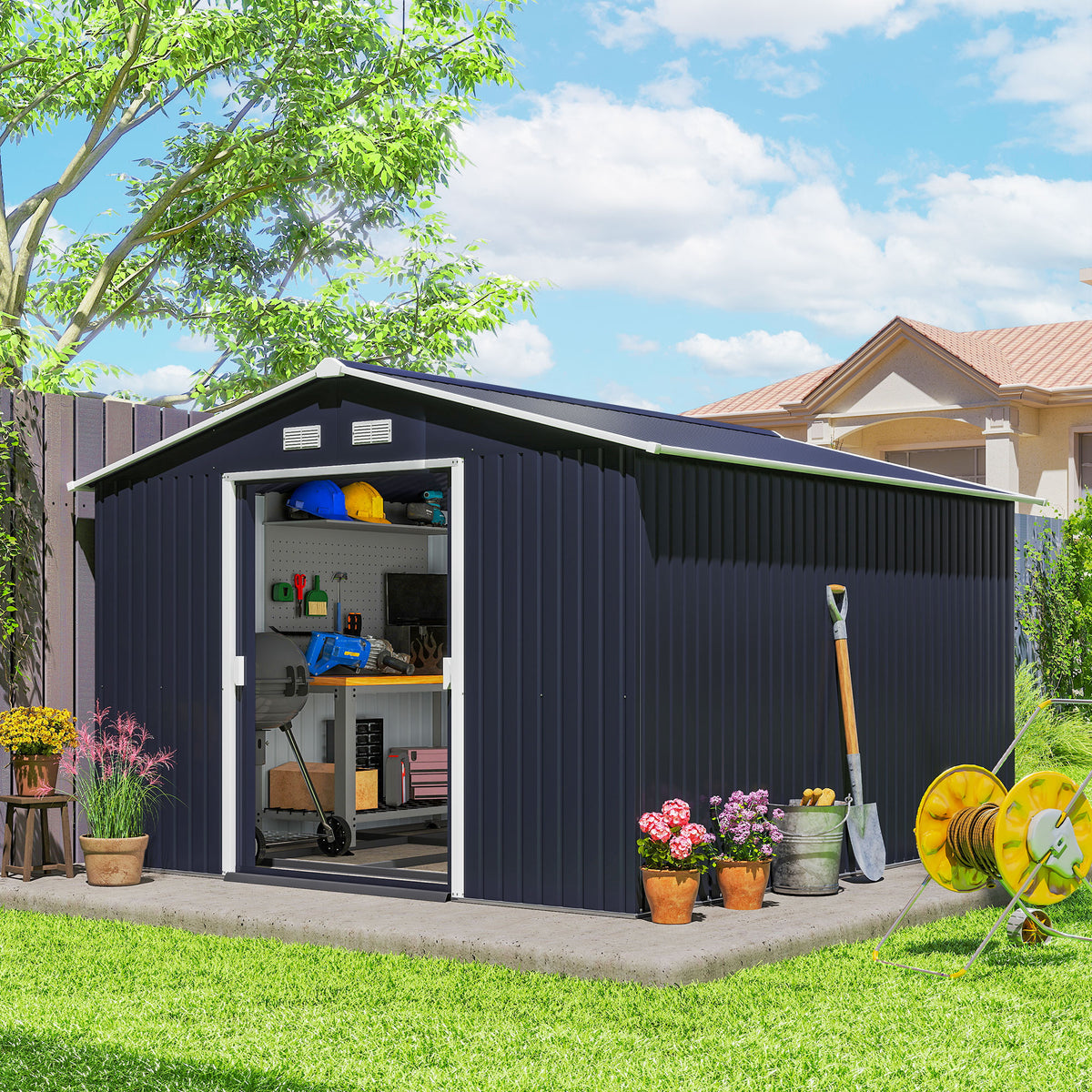 11' x 9' Metal Storage Shed Garden Tool House with Double Sliding Doors, 4 Air Vents for Backyard, Patio, Lawn – Dark Grey