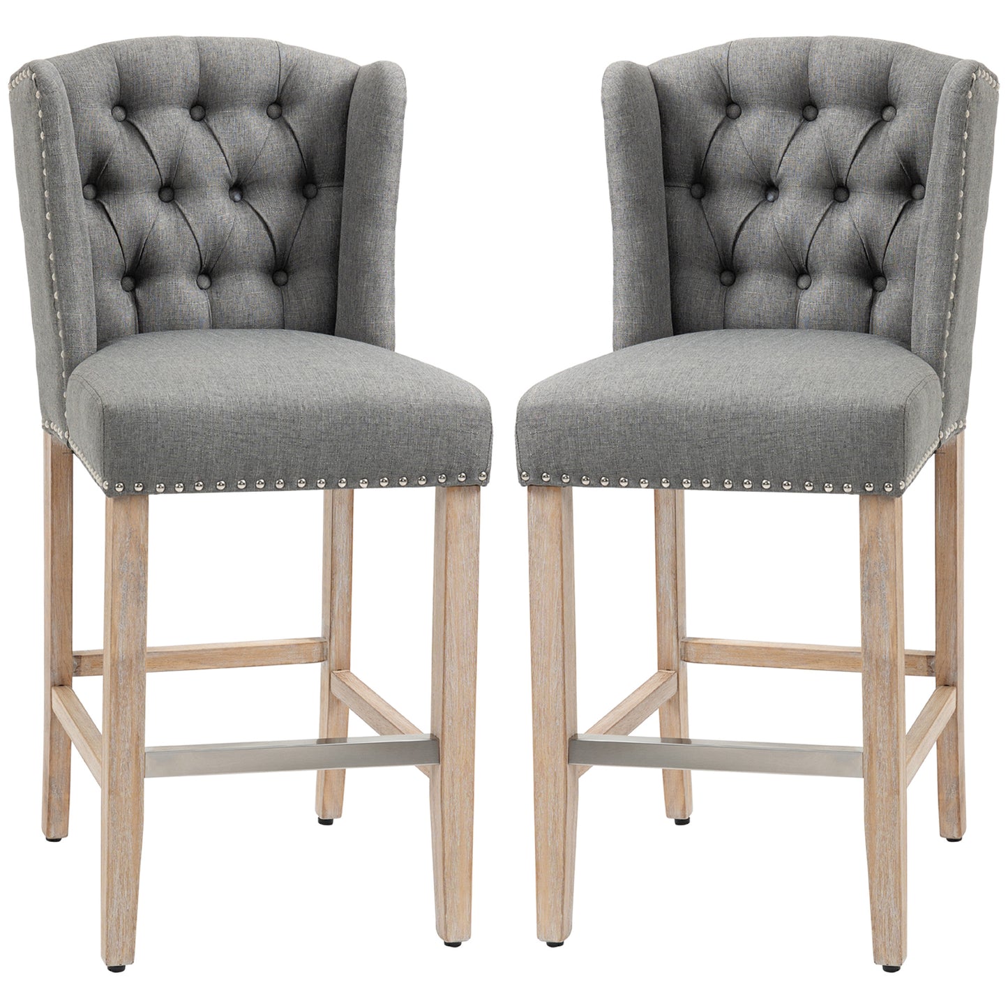 HOMCOM 2-Piece Grey Upholstered Counter Height Bar Stools, Nailhead Backrest