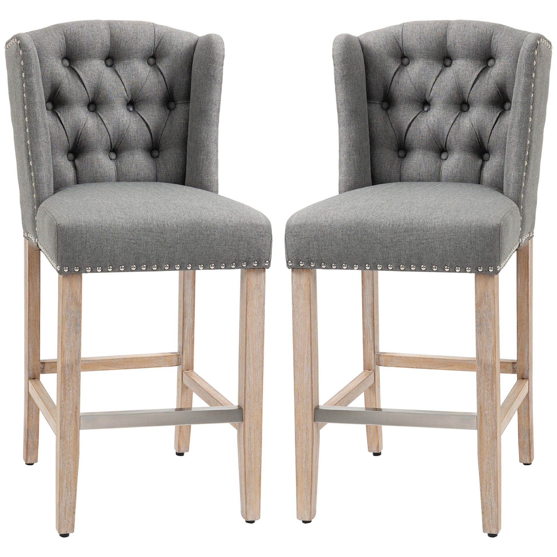 HOMCOM 2-Piece Grey Upholstered Counter Height Bar Stools, Nailhead Backrest
