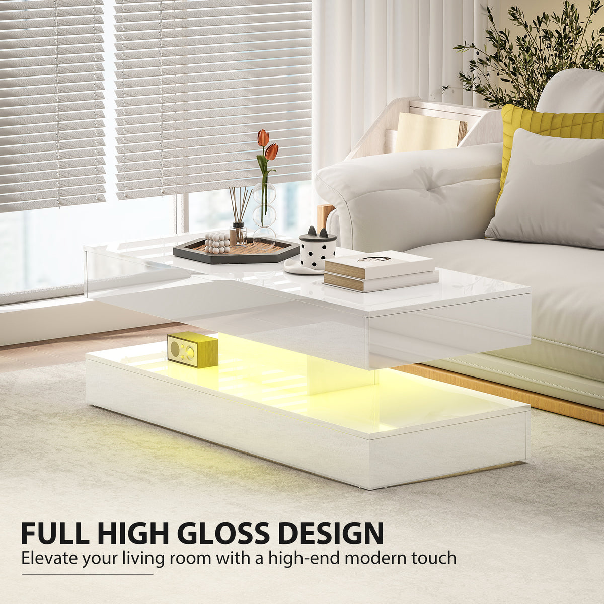 Coffee Table with Adjustable RGB LED Lights, 2 Drawers, Open Shelf and Remote