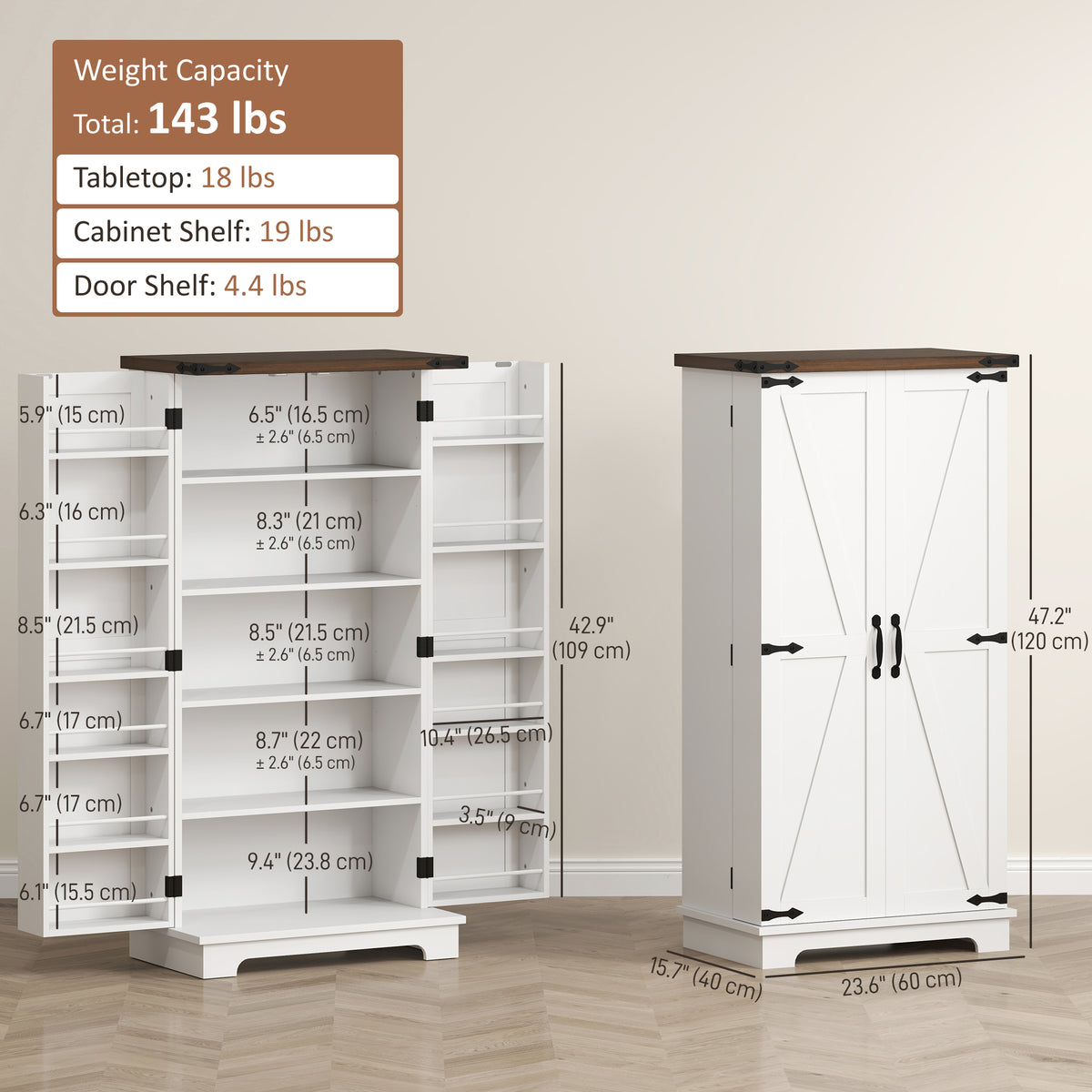 Farmhouse Kitchen Pantry Cabinet with Adjustable Shelves and Door Shelves – 24"W x 47"H