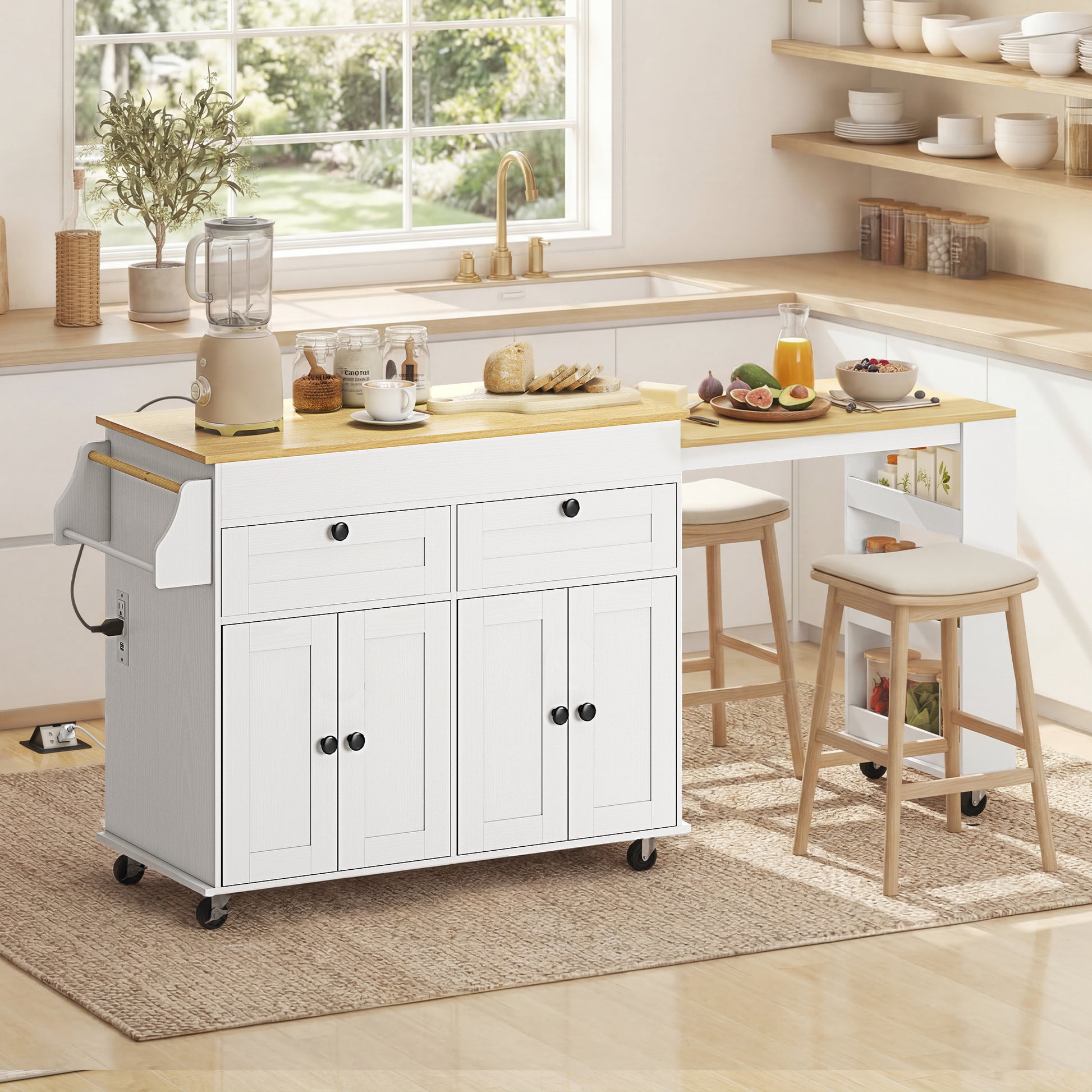 HOMCOM Kitchen Island with Expandable Sliding Top, Rolling Cart White