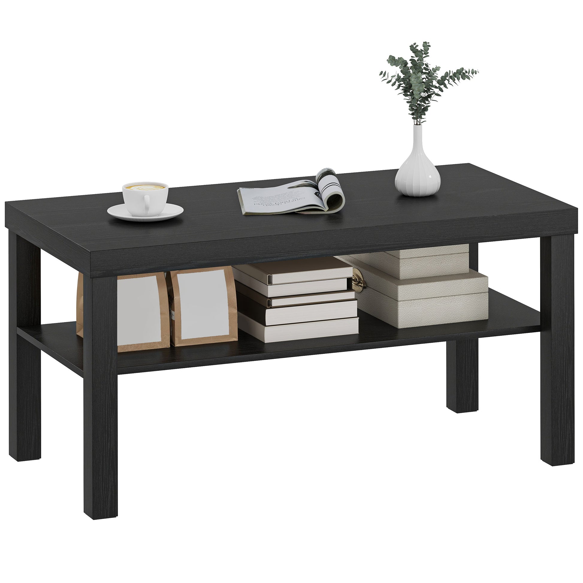 HOMCOM Modern Black 2-Tier Rectangular Coffee Table with Storage Shelf