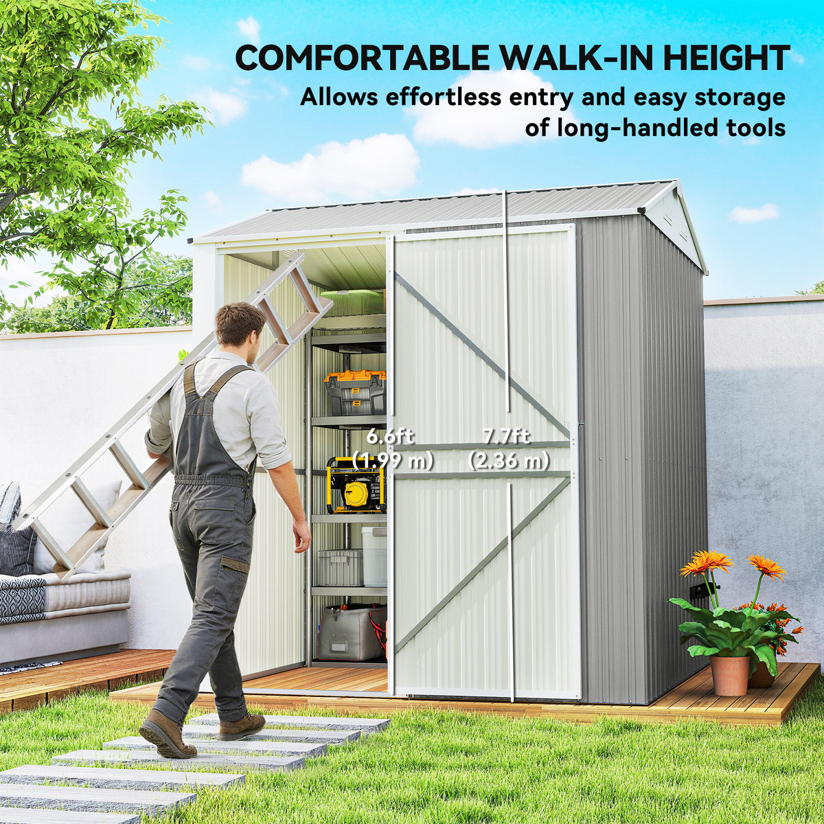 7' x 6' Tall Outdoor Storage Shed, Waterproof Metal Garden Shed with Gloves, Lockable Door – Grey