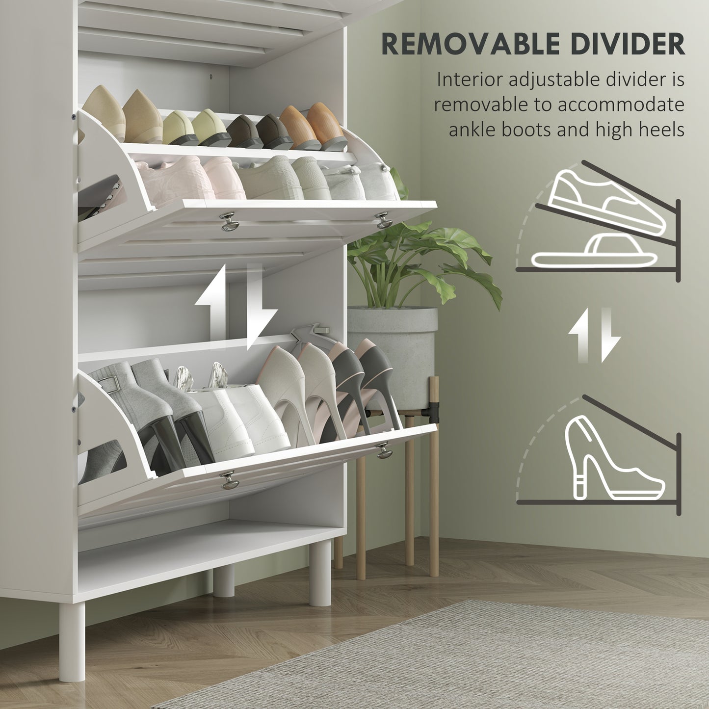 Modern Narrow White Shoe Storage Cabinet with 3 Flip Drawers, Adjustable Shelves