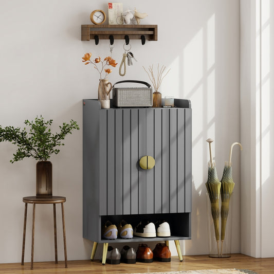 Modern Grey Shoe Cabinet: Adjustable Shelves, Open Storage, 15-Pair Capacity