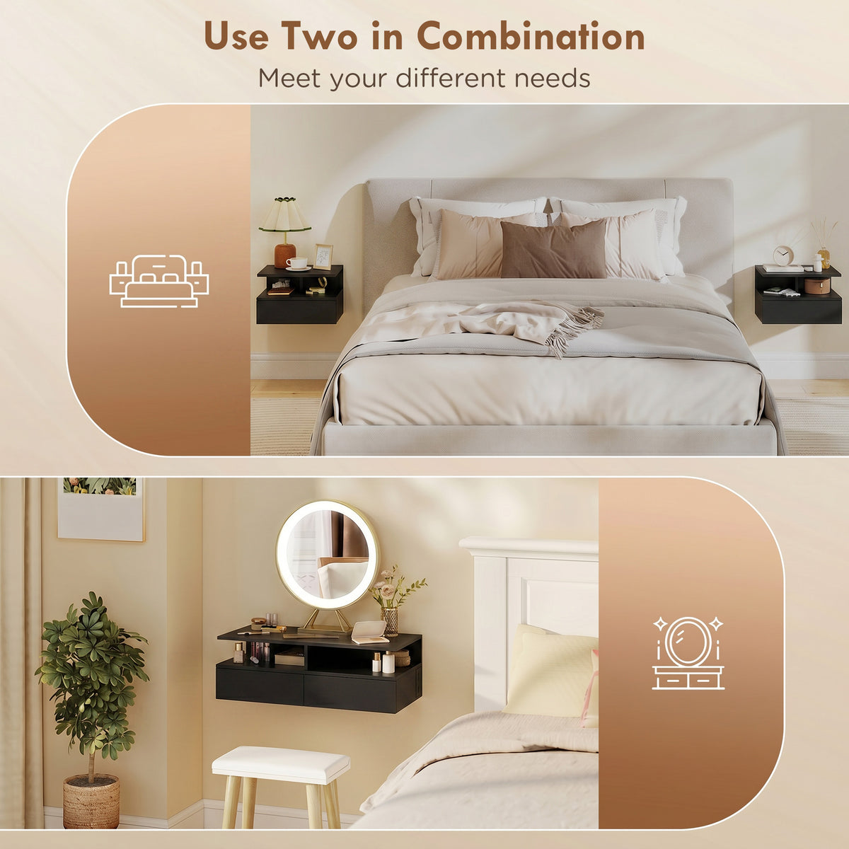 Floating Nightstands with Power Outlets, Set of 2 – 16"W x 12"H