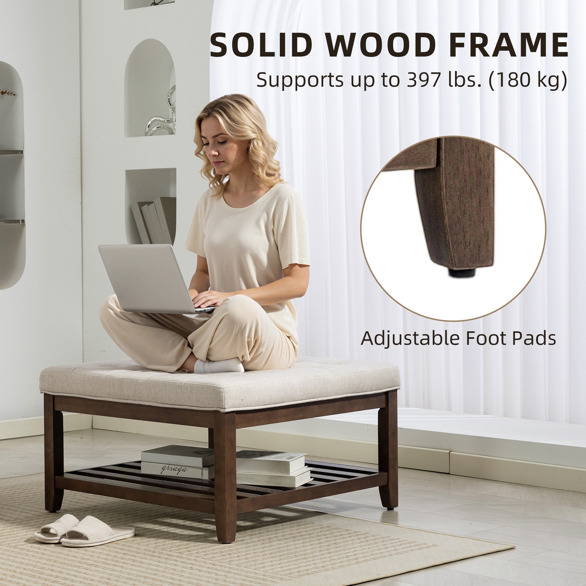 HOMCOM Square Ottoman Coffee Table with Storage, Beige Linen Tufted