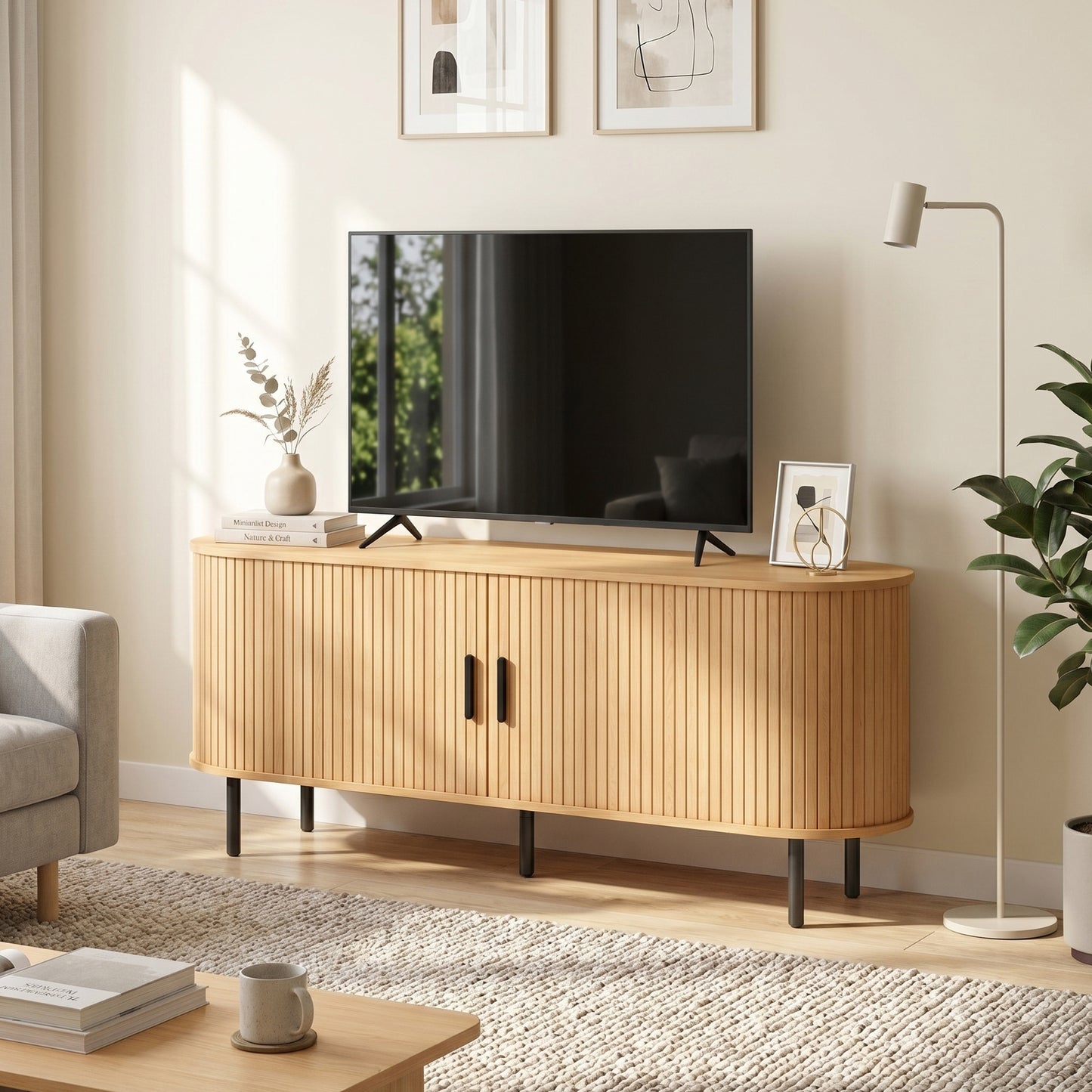 TV Stand Curved Sliding Doors Walnut Brown 60"
