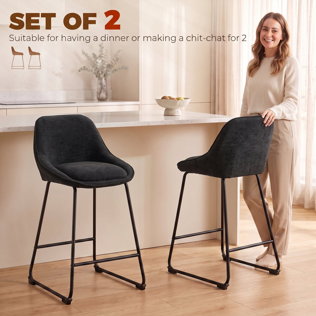Chenille Counter Height Bar Stools with Backrest and Footrest, Set of 2