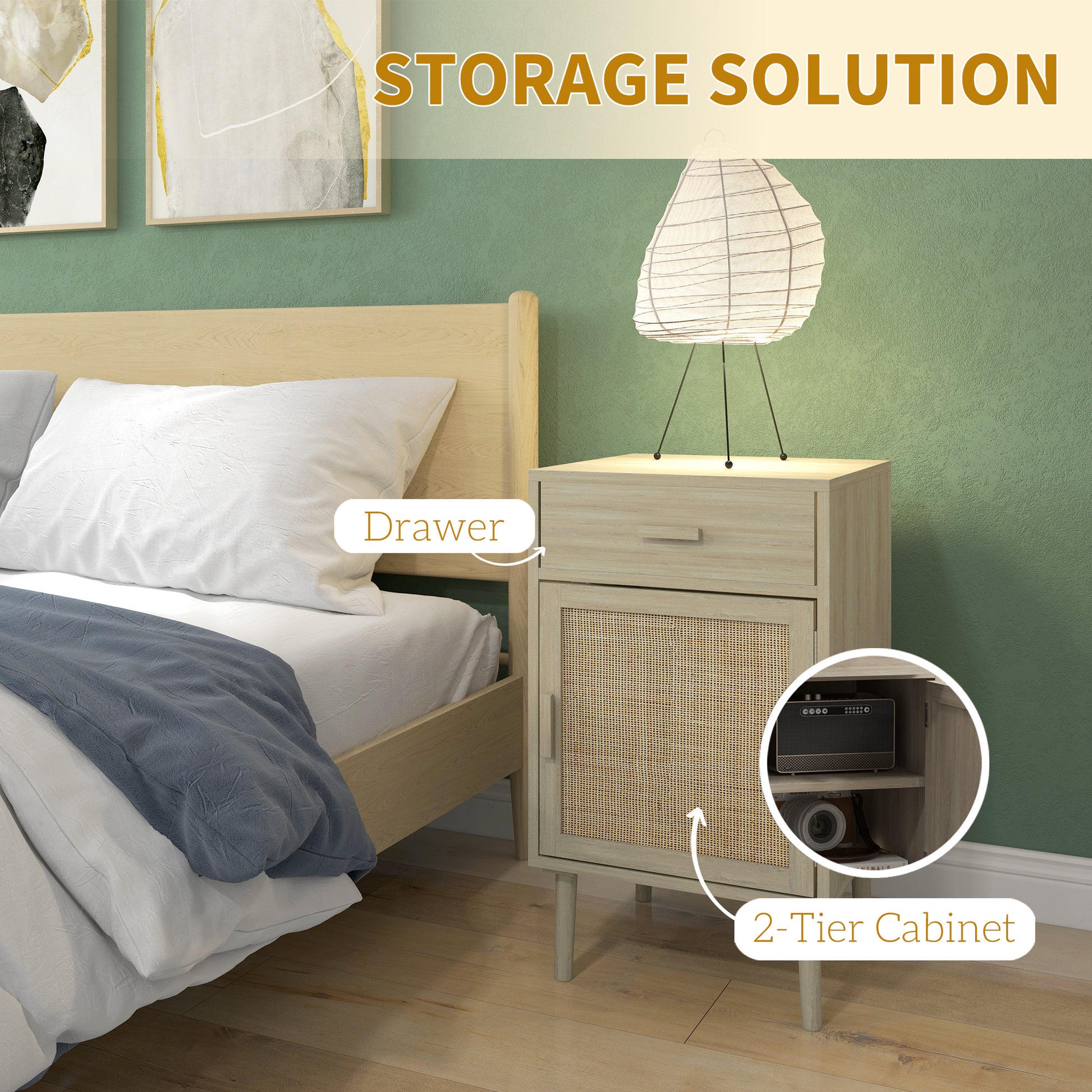 Boho Rattan Bedside Tables Set of 2 with Drawer, Adjustable Shelf, Oak Finish