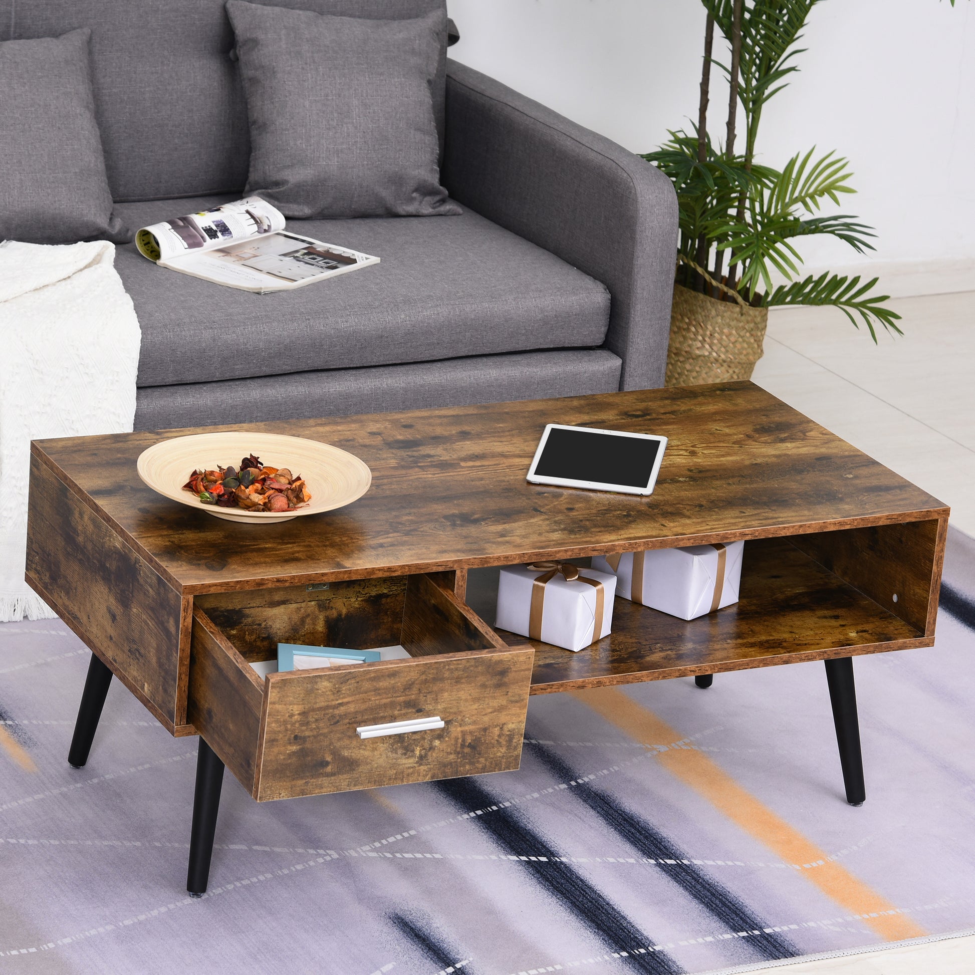 HOMCOM Retro Industrial Coffee Table with Storage Drawer & Shelf, Rustic Brown Wood