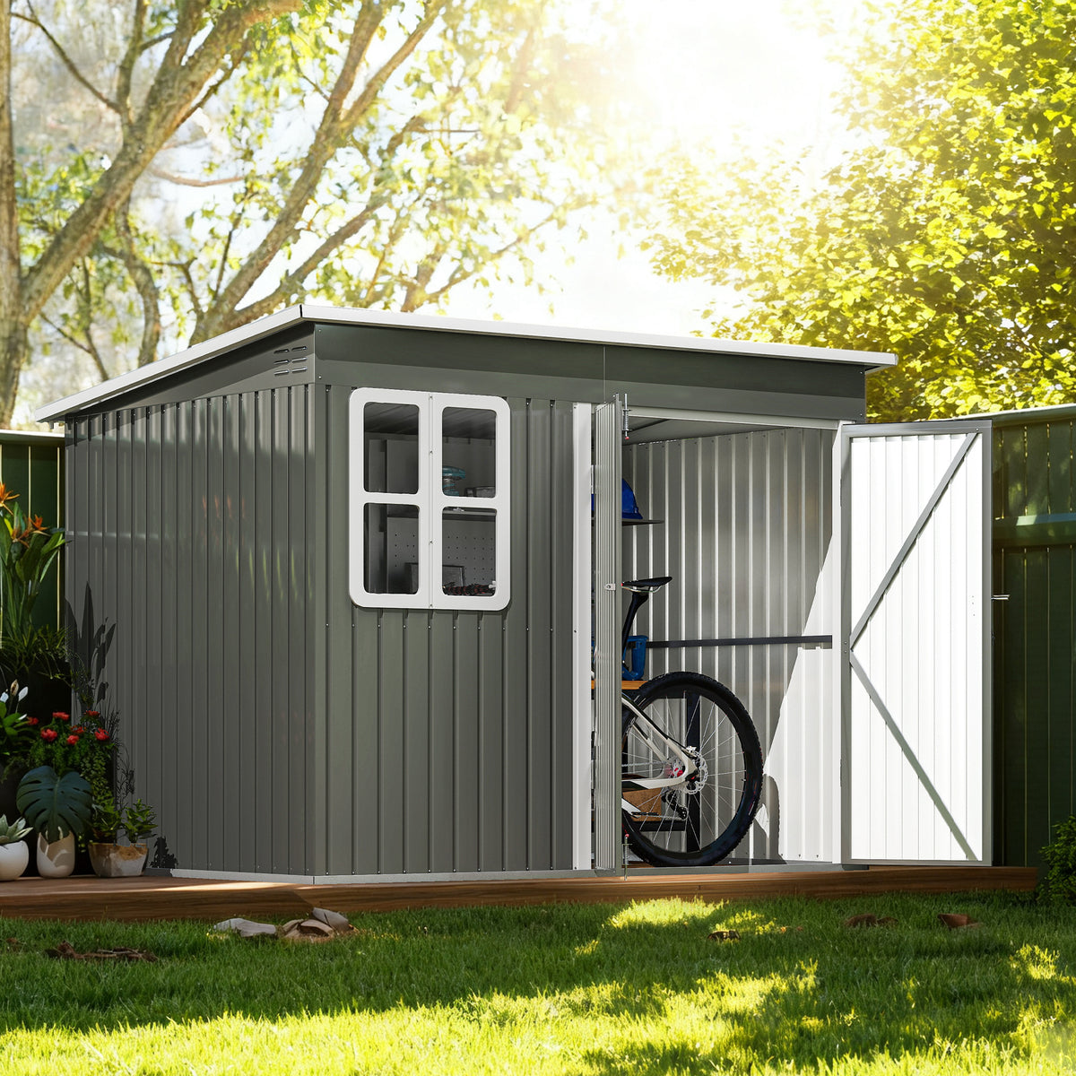 8.5' x 6' Galvanised Steel Outdoor Storage Shed, Garden Shed with Window, Lockable Wide Doors and Air Vents – Grey
