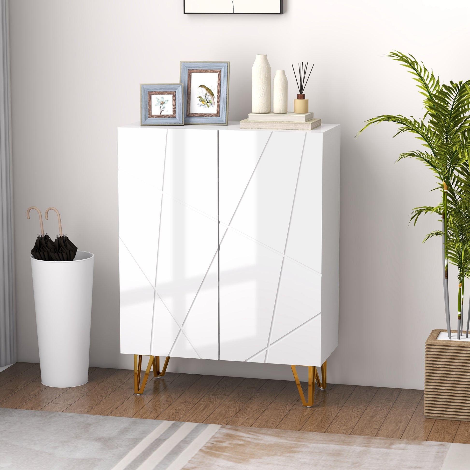 HOMCOM Narrow High Gloss White Shoe Cabinet with Soft-Close Adjustable Shelves