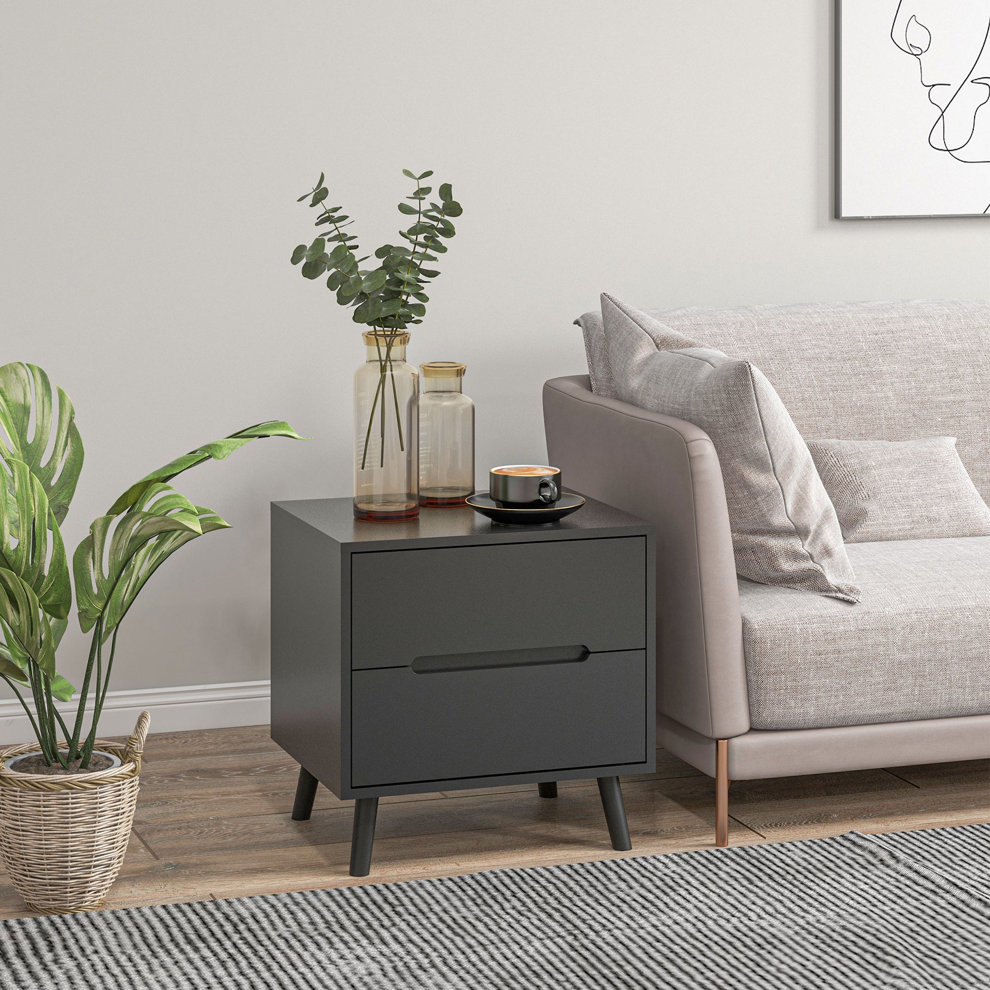 HOMCOM Modern Bedroom Nightstand with 2 Drawers, Solid Wood Legs End Table