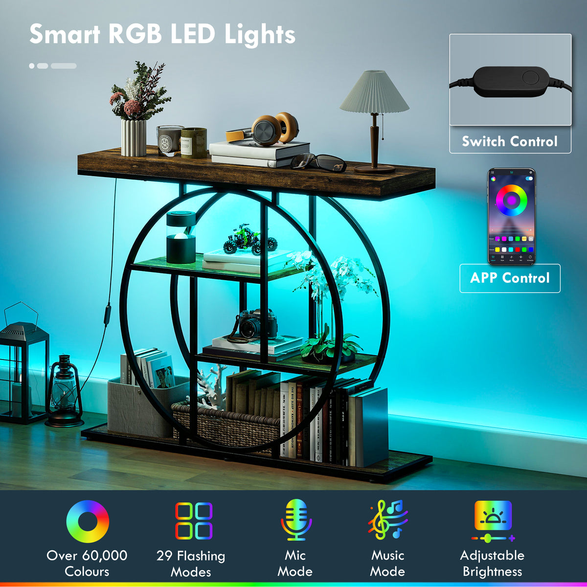 39" 4-Tier Console Table with Charging Station & LED Lights